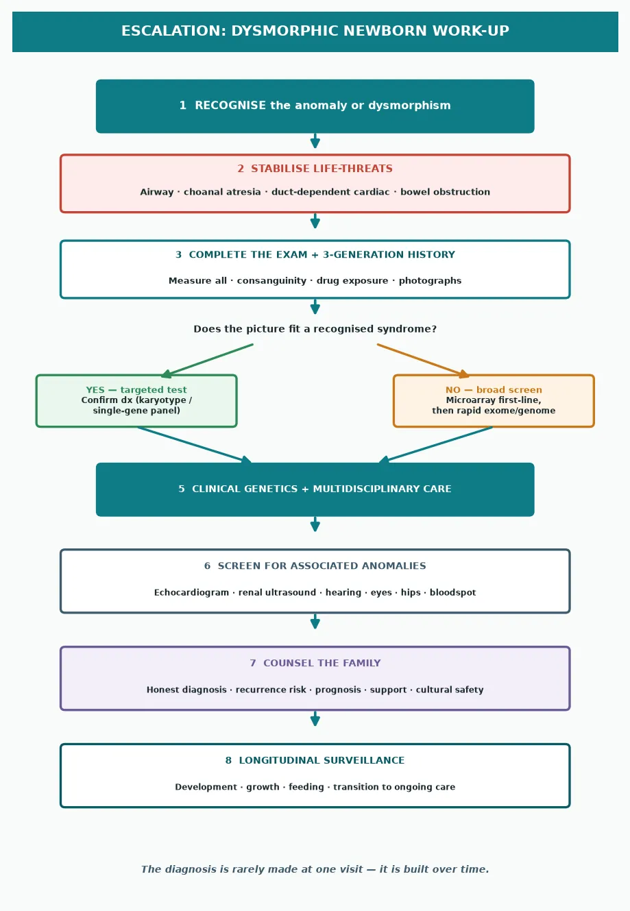Portrait flowchart of the stepwise escalation for a dysmorphic newborn: recognise, stabilise life-threats, complete the exam and family history, branch on whether the pattern fits a syndrome into targeted versus broad testing, genetics referral, screen for associated anomalies, counsel the family, and longitudinal surveillance
