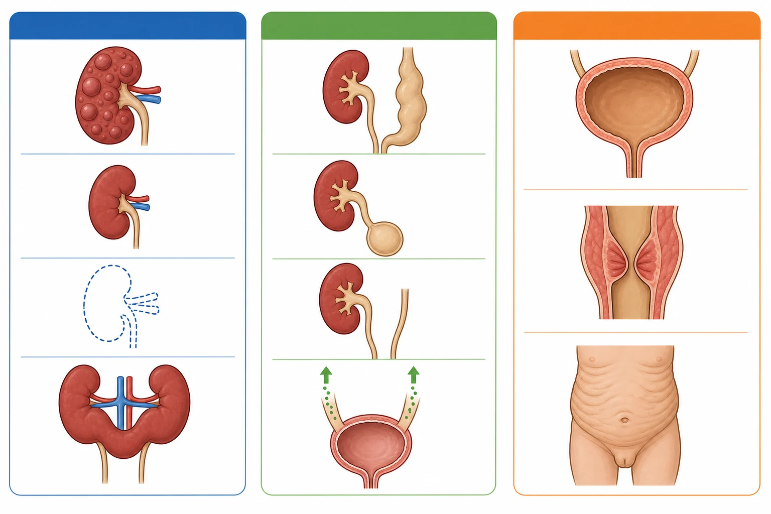 A medical-education infographic classifying CAKUT into three anatomical groups shown as color-coded columns on a white background: a blue column for kidney and parenchymal anomalies including multicystic dysplastic kidney with grape-like cysts, renal hypoplasia shown as a small kidney, renal agenesis shown as a missing outline, and horseshoe kidney shown as fused lower poles; a green column for ureteric and collecting system anomalies including megaureter, ureterocele, duplex system with two ureters, and vesicoureteral reflux with upward arrows; and an orange column for bladder and urethral anomalies including a thick-walled dilated bladder, posterior urethral valves shown as leaflet folds in the urethra, and prune belly syndrome with a wrinkled abdomen.