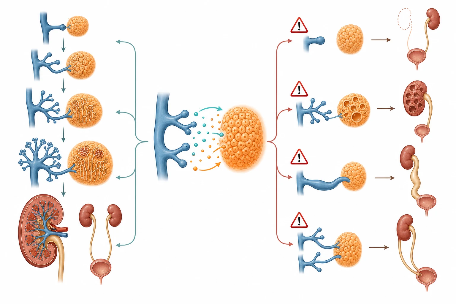 A scientific schematic of kidney and urinary tract embryogenesis showing the metanephric mesenchyme as an orange rounded mass meeting the ureteric bud as a blue branching structure with signaling molecules represented as connecting dots and arrows between them, a leftward timeline of normal development where the ureteric bud branches into a tree-like collecting duct system while the mesenchyme transforms into nephrons, and rightward disruption points with warning symbols showing a disrupted bud causing renal agenesis, abnormal branching causing dysplasia and cysts, overgrowth causing megaureter, and incomplete fusion causing ectopic ureters.