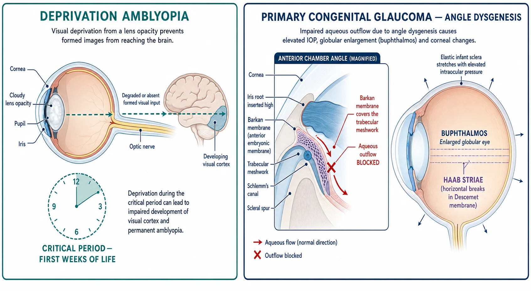 Two-panel schematic. Left panel: deprivation amblyopia — a cloudy lens blocks formed vision from reaching the developing visual cortex within the critical period of the first weeks of life. Right panel: primary congenital glaucoma angle dysgenesis — a high iris insertion and a membrane over the trabecular meshwork block aqueous outflow, raising intraocular pressure and stretching the elastic infant sclera into buphthalmos with horizontal Haab striae breaks in Descemet membrane