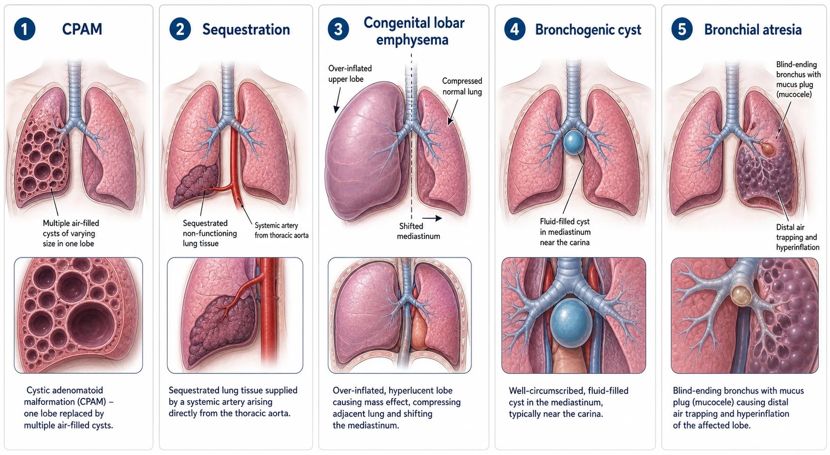 Classification of congenital lung malformations showing CPAM, bronchopulmonary sequestration, congenital lobar emphysema, bronchogenic cyst and bronchial atresia with their key distinguishing features