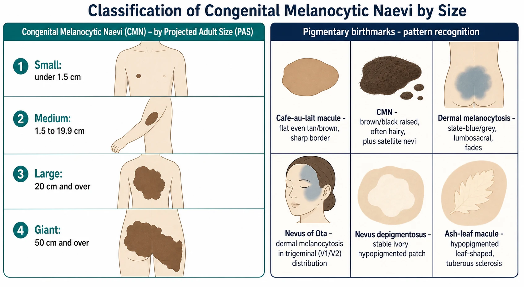 A clean two-part educational medical classification infographic in a flat illustration style. Left panel titled Classification of congenital melanocytic naevi by size: a horizontal size-graded chart with four stylised flat brown patches of increasing size on simple neutral anatomical body-part silhouettes (torso, arm), labelled Small under 1.5 cm, Medium 1.5 to 19.9 cm, Large 20 cm and over, and Giant 50 cm and over, all referring to the projected adult size. Right panel titled Pigmentary birthmarks - pattern recognition: a grid of six labelled flat stylised icons: cafe-au-lait macule (flat even tan-brown, sharp border), congenital melanocytic naevus (brown-black raised, often hairy, with satellite nevi), dermal melanocytosis (slate-blue-grey, lumbosacral, fades), nevus of Ota (dermal melanocytosis in trigeminal V1/V2 distribution), nevus depigmentosus (stable ivory hypopigmented patch), and ash-leaf macule (hypopigmented leaf-shaped, tuberous sclerosis). Clear sans-serif labels, soft clinical palette.