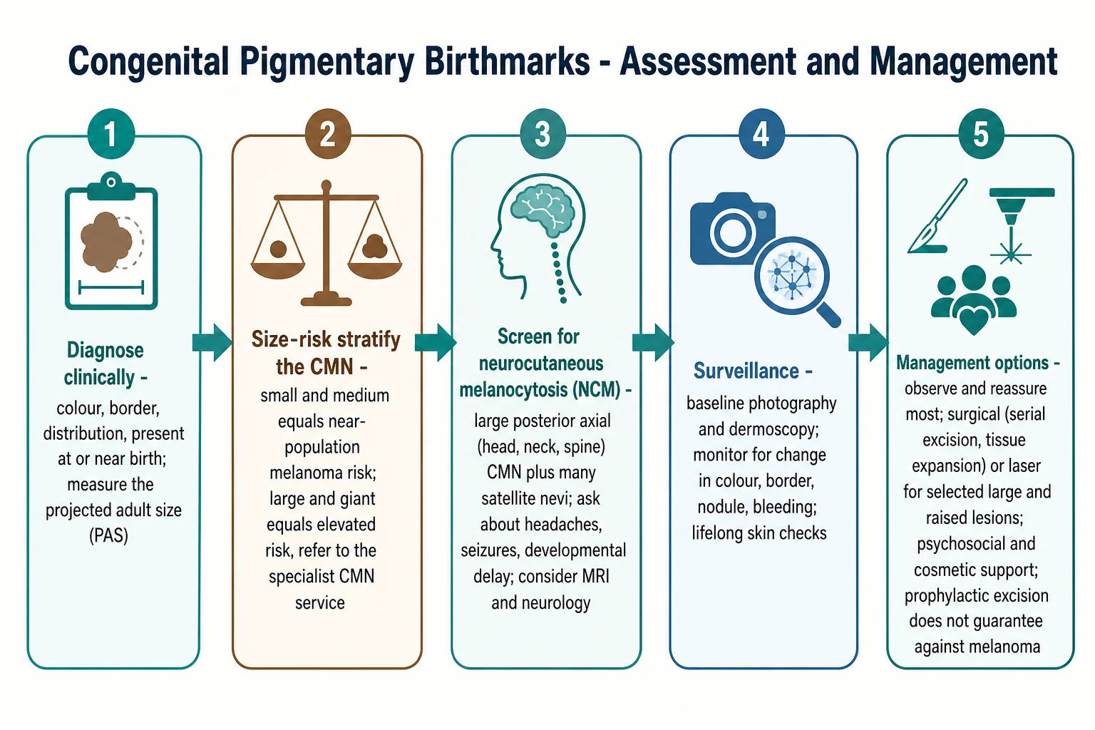 A clean horizontal stepwise clinical pathway infographic in a flat illustration style. Title: Congenital pigmentary birthmarks - assessment and management. Five numbered circular step boxes connected by rightward arrows. Step 1: Diagnose clinically - colour, border, distribution, present at or near birth, measure the projected adult size. Step 2: Size-risk stratify the CMN - small and medium equals near-population melanoma risk; large and giant equals elevated risk, refer to the specialist CMN service. Step 3: Screen for the neurocutaneous melanocytosis - large posterior-axis (head, neck, spine) CMN plus many satellite nevi; ask about headaches, seizures, developmental delay; consider the MRI and the neurology. Step 4: Surveillance - baseline photography and dermoscopy; monitor for the change in the colour, the border, the nodule, the bleeding; lifelong skin checks. Step 5: Management options - observe and reassure most; surgical (serial excision, tissue expansion) or laser for the selected large and raised lesions; psychosocial and cosmetic support; never the total prophylactic excision as the melanoma guarantee. Clear readable sans-serif labels, soft clinical palette.