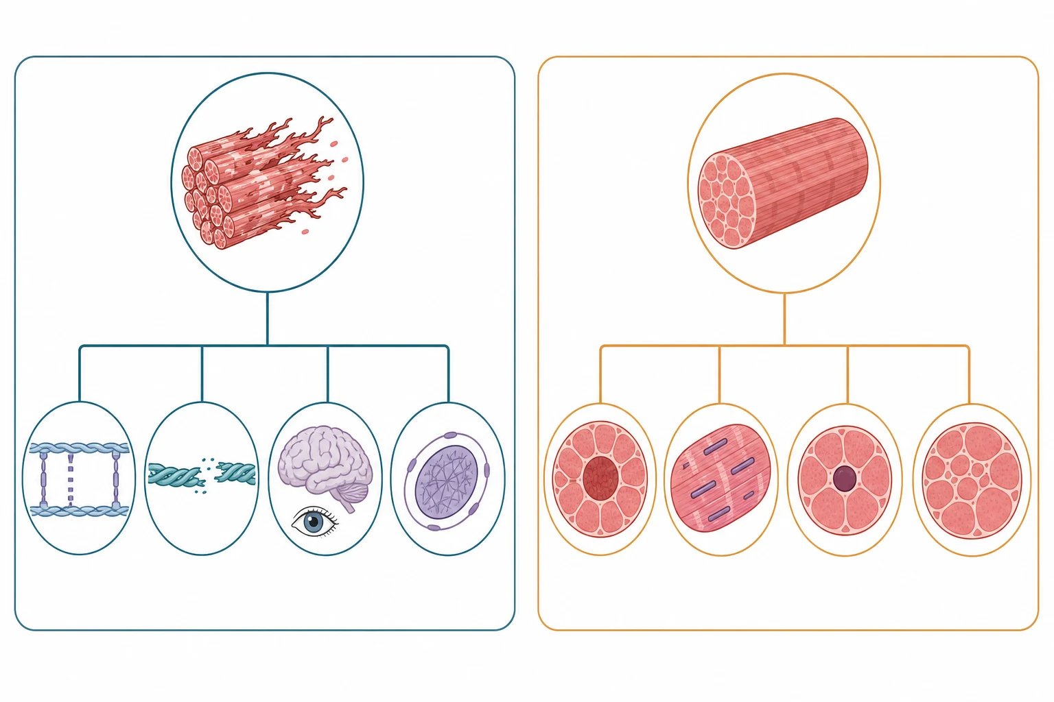 A classification schematic on a white background dividing congenital muscle disease into two columns. The left column shows the congenital muscular dystrophies with a disrupted muscle fibre icon and four subtypes: merosin-deficient LAMA2 with a fragmented basement membrane, collagen VI Ullrich with a broken collagen rope, the dystroglycanopathy Walker-Warburg with abnormal brain folding and a small eye, and LMNA with a thin nucleus. The right column shows the congenital myopathies with a disordered but intact muscle fibre icon and four subtypes: central core RYR1 with a dense central core, nemaline with rod-shaped inclusions, centronuclear MTM1 with a central nucleus, and congenital fibre-type disproportion with uneven fibre sizes.