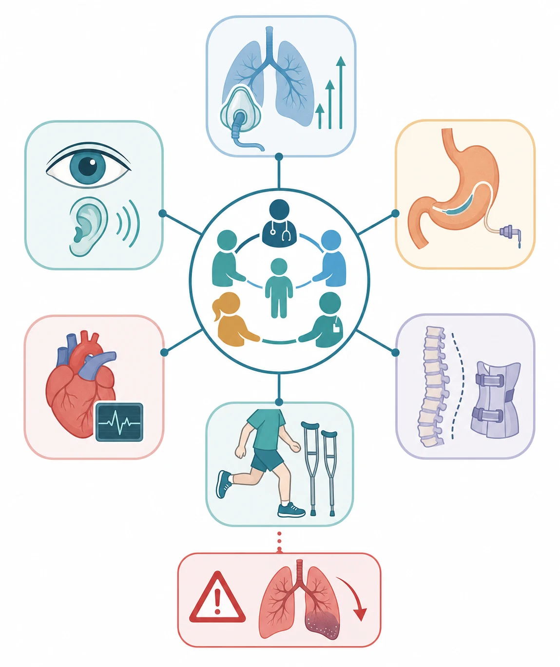 A multidisciplinary management flowchart on a white background. A central hub shows a circle of clinical figures around a child, with six spokes radiating to icon panels: a lung with a ventilator mask and rising arrows for respiratory support, a stomach with a feeding tube for nutrition, a curved spine with a brace for orthopaedic and scoliosis care, a pair of legs with crutches for physiotherapy and rehabilitation, a heart with a monitor line for cardiac surveillance, and an eye with an ear for vision and hearing surveillance. A red alert panel at the bottom with a warning triangle and a deteriorating lung icon marks the risk of respiratory failure.