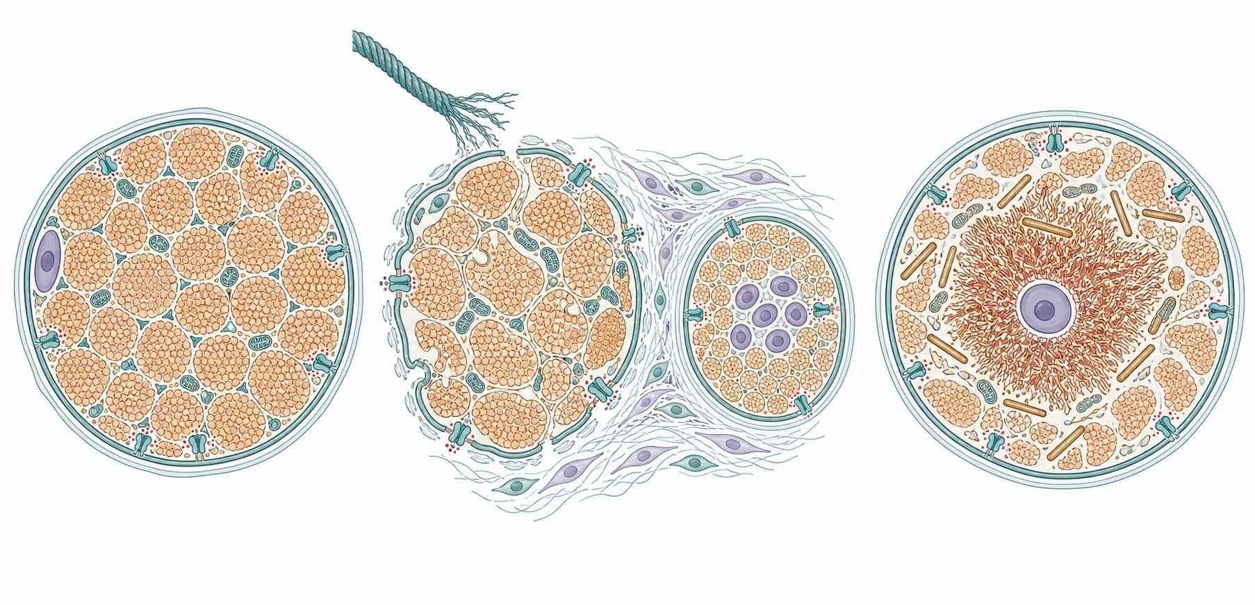 A pathophysiology diagram on a white background in three panels. Left shows a normal muscle fibre cross-section with an intact circular membrane, evenly packed contractile filaments, and a peripheral nucleus at the edge. Middle shows a dystrophic muscle fibre of congenital muscular dystrophy with a breached basement membrane with fraying and gaps, a frayed collagen rope, creeping fibrosis scarring, and a regenerating fibre with central nuclei, depicting degeneration and regeneration cycles. Right shows a structurally disordered but intact muscle fibre of congenital myopathy with a dense central core of disorganized contractile proteins, scattered rod-shaped nemaline aggregates, an abnormally central nucleus, and small red dots showing calcium leaking through a faulty ryanodine receptor channel.