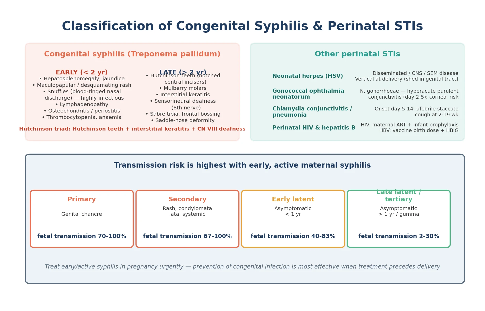 Classification schematic: left, early congenital syphilis features under two years (hepatosplenomegaly, maculopapular rash, snuffles, osteochondritis, thrombocytopenia) and late stigmata over two years (Hutchinson triad of notched incisors, interstitial keratitis, eighth-nerve deafness, mulberry molars, sabre tibia); right, the other perinatal STIs (neonatal herpes, gonococcal ophthalmia neonatorum, chlamydial conjunctivitis and pneumonia, vertical HIV and hepatitis B); and a maternal-stage transmission-risk bar showing highest risk in primary, secondary and early-latent syphilis and lowest in late-latent disease