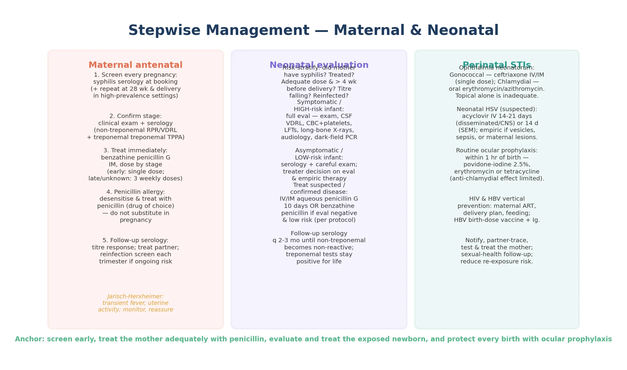Three-column management pathway: left, maternal antenatal — screen every pregnancy at booking with repeat at 28 to 32 weeks and delivery in high-prevalence settings, confirm stage with non-treponemal and treponemal serology, treat immediately with benzathine penicillin G intramuscularly dosed by stage, desensitise if penicillin-allergic, follow-up titre response; centre, neonatal evaluation — risk-stratify by maternal treatment adequacy, full workup for the symptomatic or high-risk infant with CSF VDRL and long-bone films, ten-day aqueous penicillin for confirmed or suspected disease, serological follow-up every two to three months; right, perinatal STIs — ceftriaxone for gonococcal conjunctivitis, oral erythromycin or azithromycin for chlamydia, empiric intravenous acyclovir for neonatal herpes, routine ocular prophylaxis at birth, HIV and hepatitis B vertical prevention, notification and partner tracing
