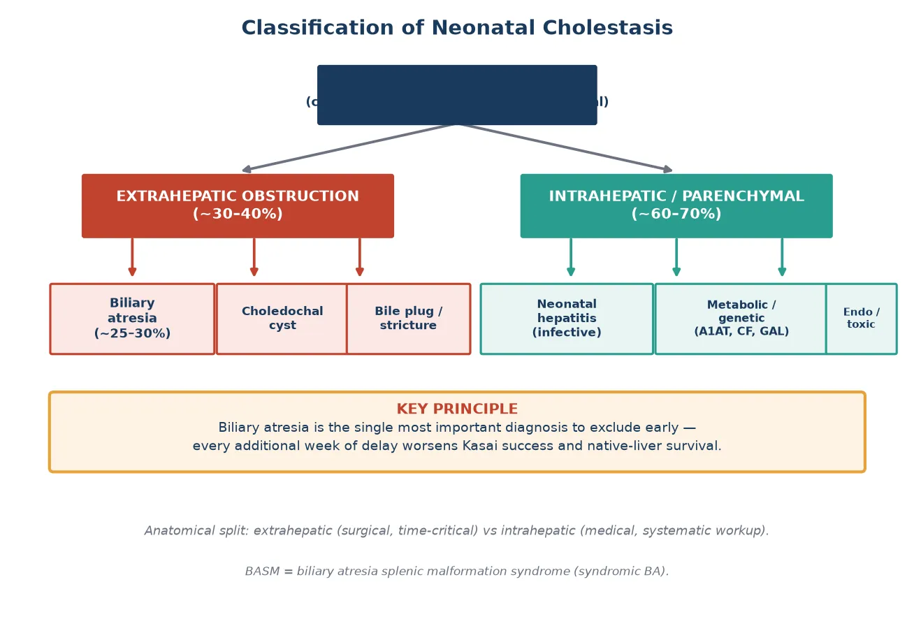 Classification diagram of neonatal cholestasis splitting into extrahepatic obstruction including biliary atresia, choledochal cyst and bile plug, versus intrahepatic causes including neonatal hepatitis, metabolic and genetic disease, and endocrine or toxic causes.