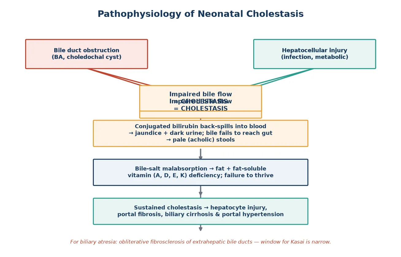 Pathophysiology cascade showing bile duct obstruction and hepatocellular injury converging on cholestasis, with back-spill of conjugated bilirubin causing jaundice and dark urine, bile-salt malabsorption causing acholic stools and fat-soluble vitamin deficiency, and progression to portal fibrosis and biliary cirrhosis.