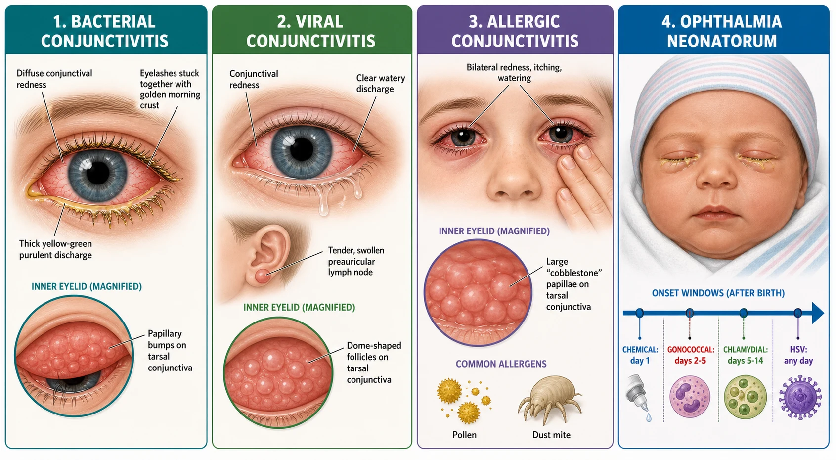 Four-panel schematic of conjunctivitis by cause: panel one bacterial conjunctivitis with mucopurulent discharge and lashes glued by morning crust; panel two viral conjunctivitis with watery discharge, follicles on the tarsal conjunctiva and a preauricular lymph node; panel three allergic conjunctivitis with cobblestone papillae and stringy mucus in an atopic child; panel four ophthalmia neonatorum in a newborn with a timeline of chemical day one, gonococcal day two to five, chlamydial day five to fourteen and herpes simplex