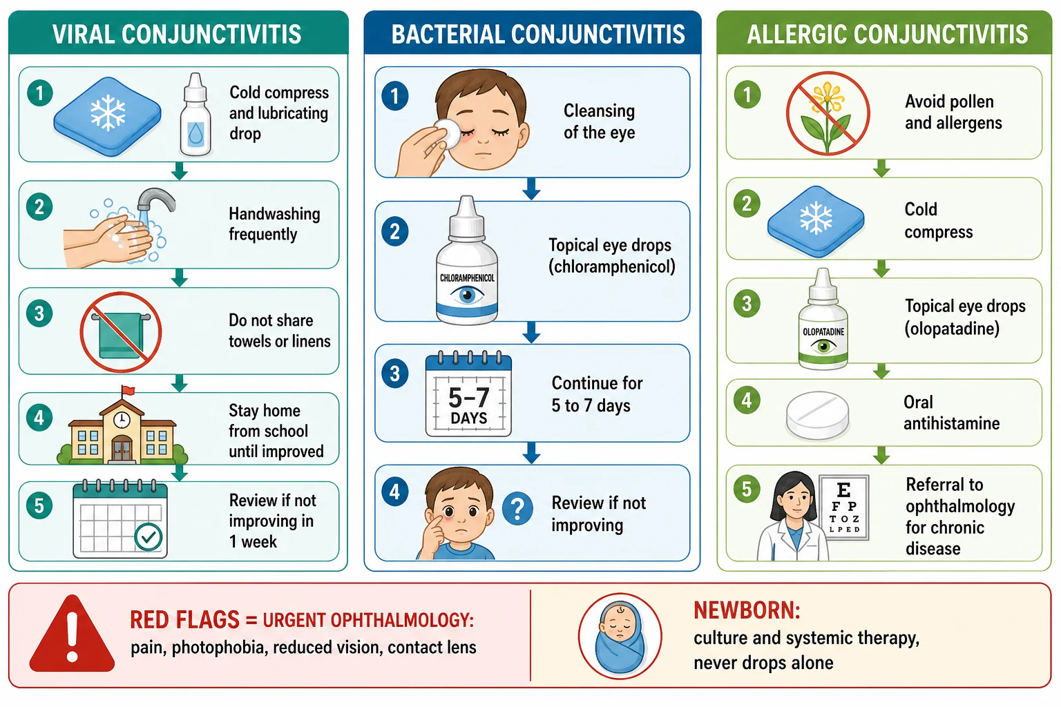 Three-column stepwise management pathway: column one viral conjunctivitis (supportive care, cold compresses, hygiene to prevent spread, hand washing, no sharing of towels, exclude from school or pool until settled, review if not improving at one week); column two bacterial conjunctivitis (clean the discharge, five to seven day topical chloramphenicol eye drops or ointment for severe or persistent disease, fusidic acid as alternative, review if not improving); column three allergic conjunctivitis (allergen avoidance, cold compresses, topical antihistamine with mast-cell stabiliser such as olopatadine, oral antihistamine for systemic disease, referral for chronic VKC and AKC), plus a footer on ophthalmia neonatorum systemic pathways and the red-eye red flags