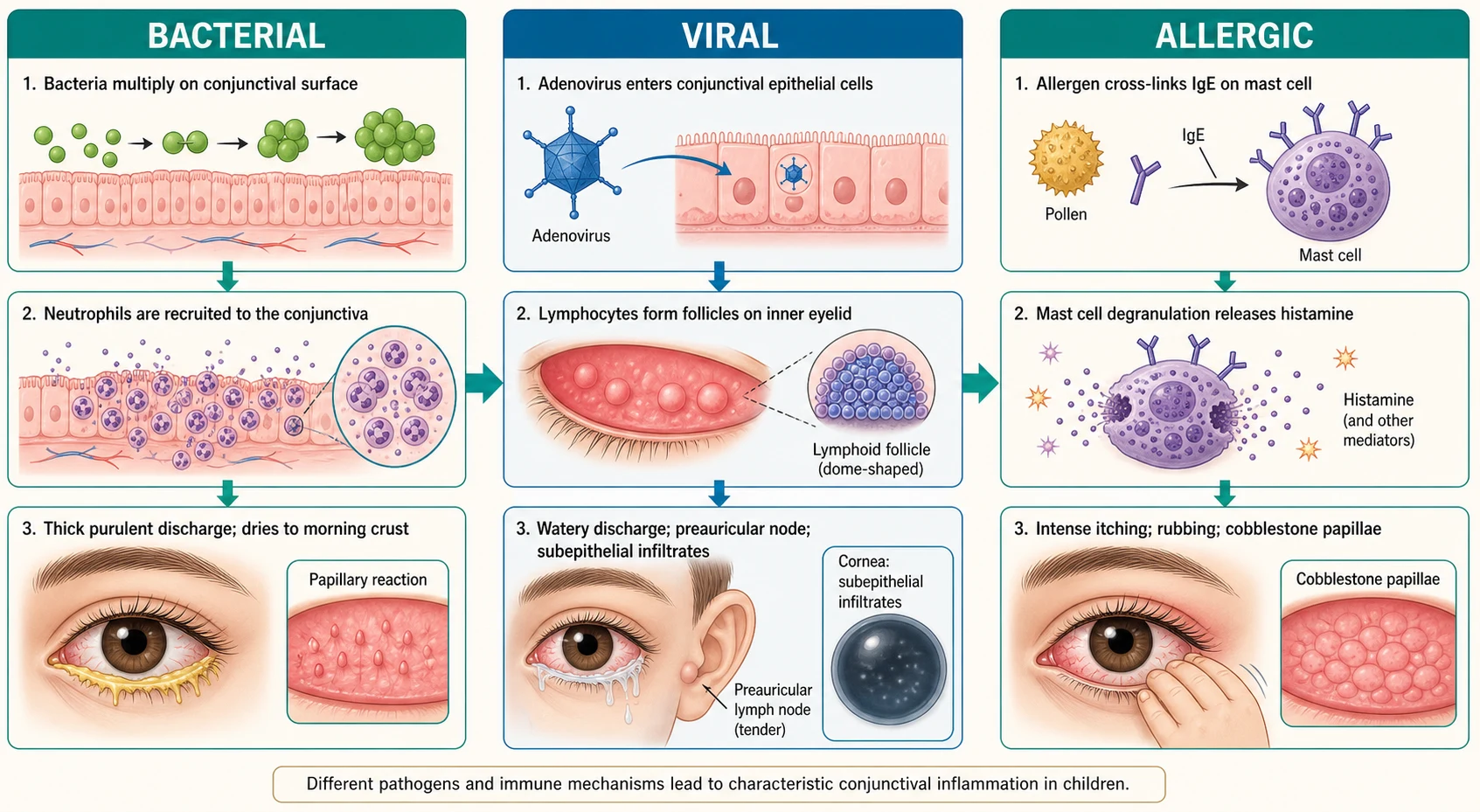Left-to-right pathophysiology cascade across three mechanisms: bacterial — organisms multiply on the conjunctiva, recruit neutrophils and exude mucopurulent discharge that dries into morning crust with a papillary reaction; viral — adenovirus replicates in conjunctival epithelium, recruits lymphocytes to form follicles, produces watery discharge and a preauricular lymph node, and may seed corneal subepithelial infiltrates; allergic — allergen cross-links IgE on mast cells in the atopic conjunctiva, releasing histamine and mediators that cause itching, vasodilation and cobblestone papillae