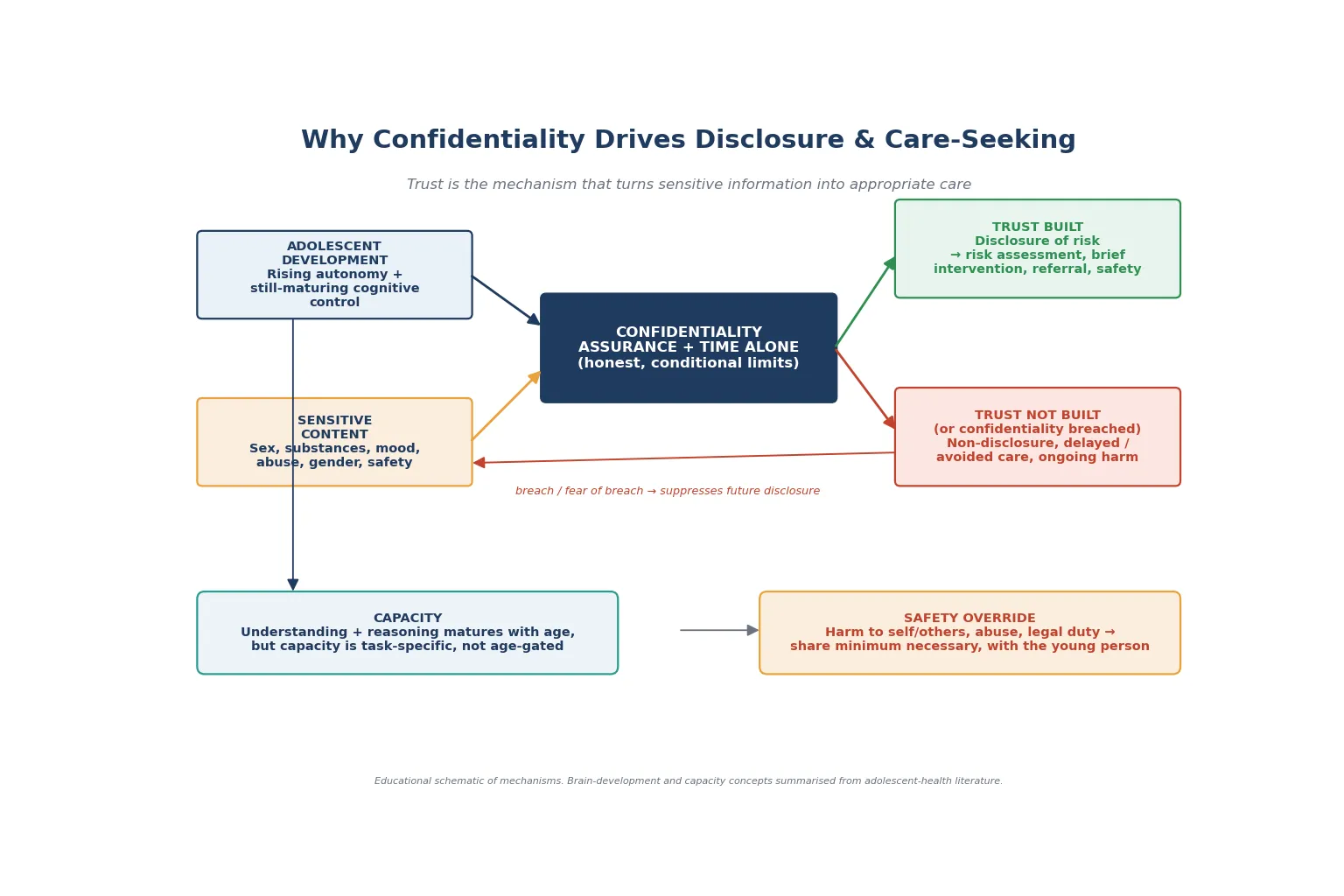 Educational mechanism diagram showing how adolescent development and sensitive content meet a confidentiality assurance to build trust, enabling disclosure and care, while a breach suppresses future disclosure