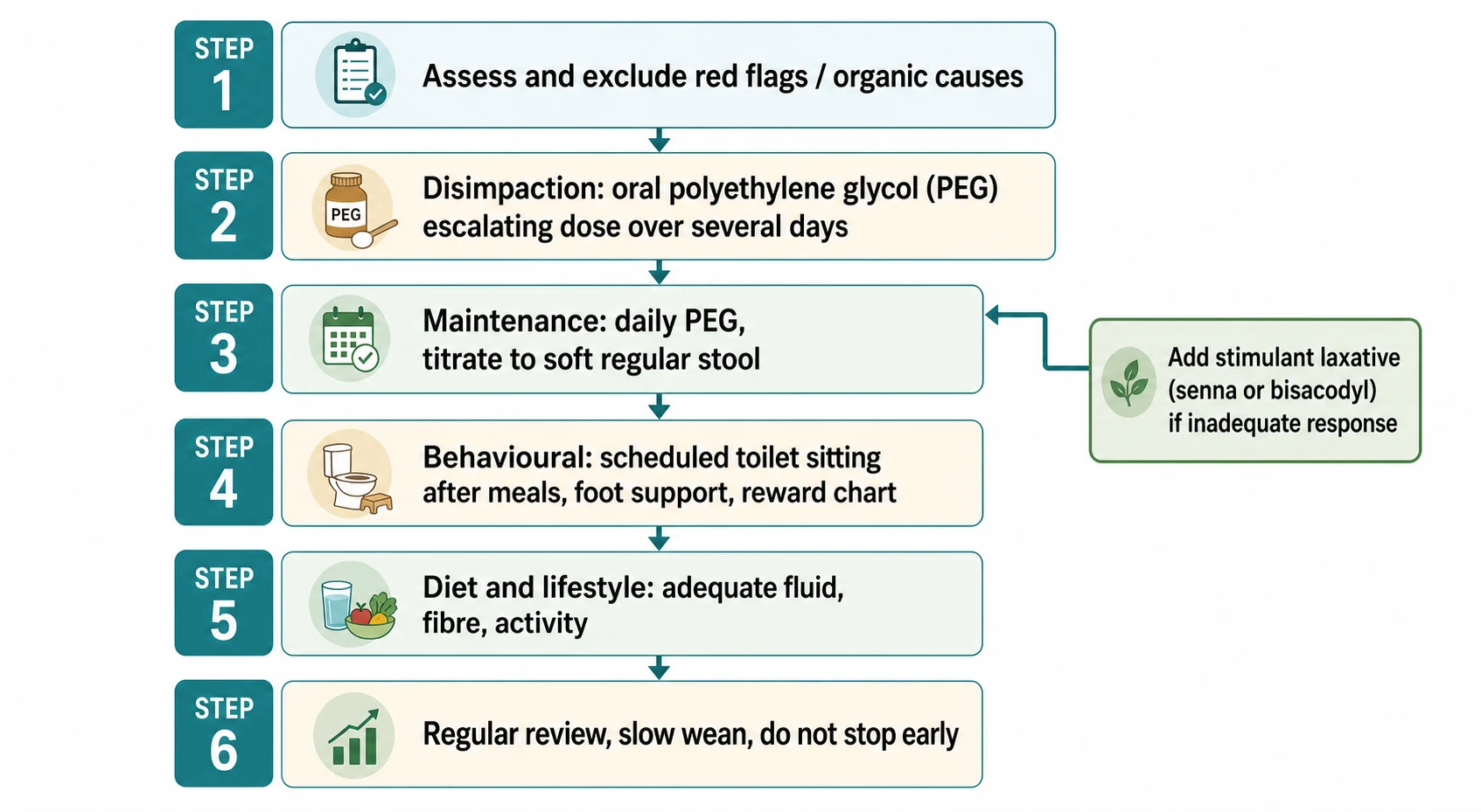 Stepwise management algorithm for childhood constipation: assess and exclude red flags, then disimpaction with escalating oral polyethylene glycol over several days, then daily maintenance polyethylene glycol titrated to soft regular stool, then behavioural toilet sitting after meals with foot support and reward chart, then diet and lifestyle, then regular review and slow weaning, with a stimulant laxative added if response is inadequate.