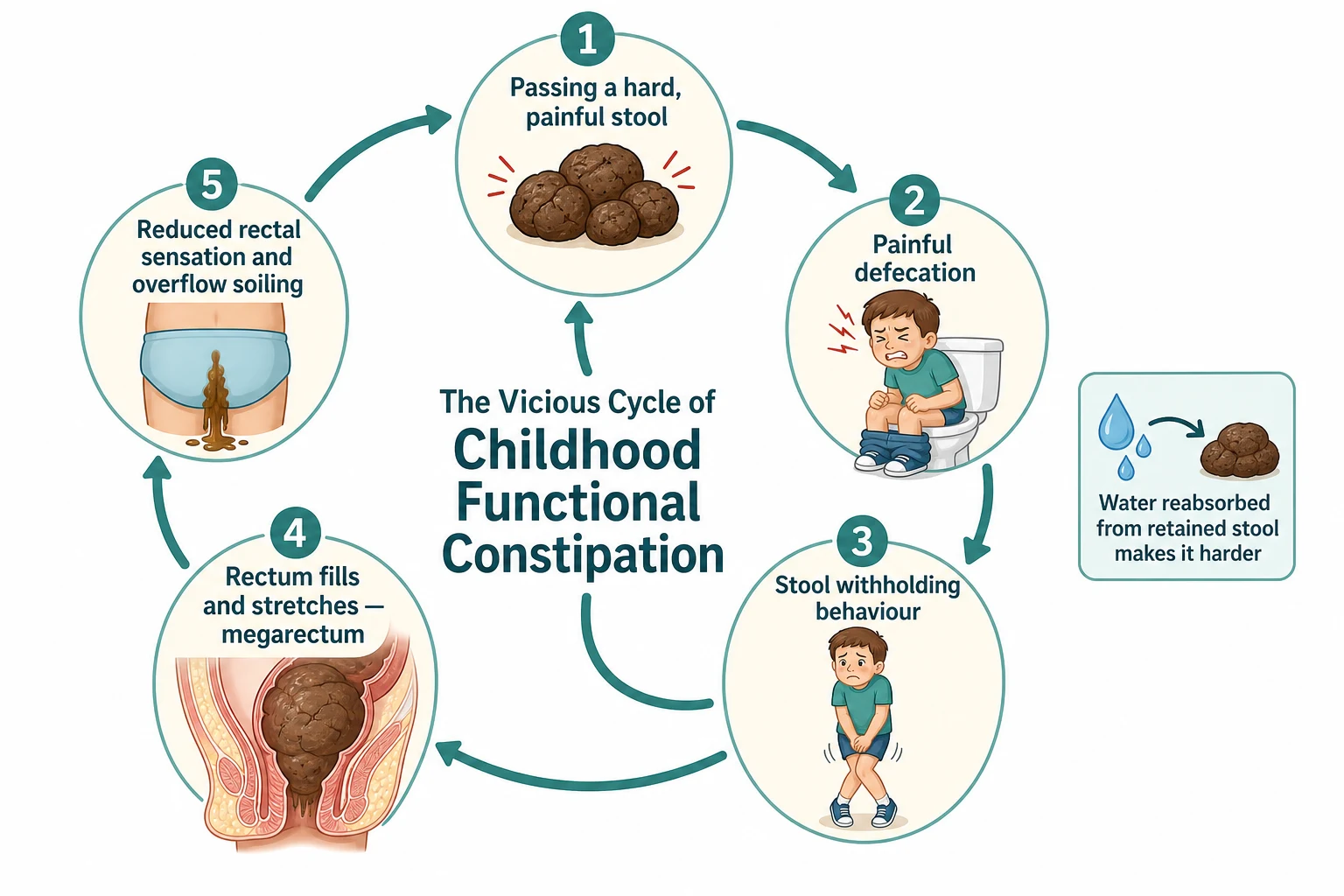 Circular diagram of the vicious cycle of childhood functional constipation: passing a hard painful stool leads to painful defecation, then stool withholding behaviour, then the rectum fills and stretches into a megarectum, then reduced rectal sensation and overflow soiling, feeding back to harder stool as water is reabsorbed.