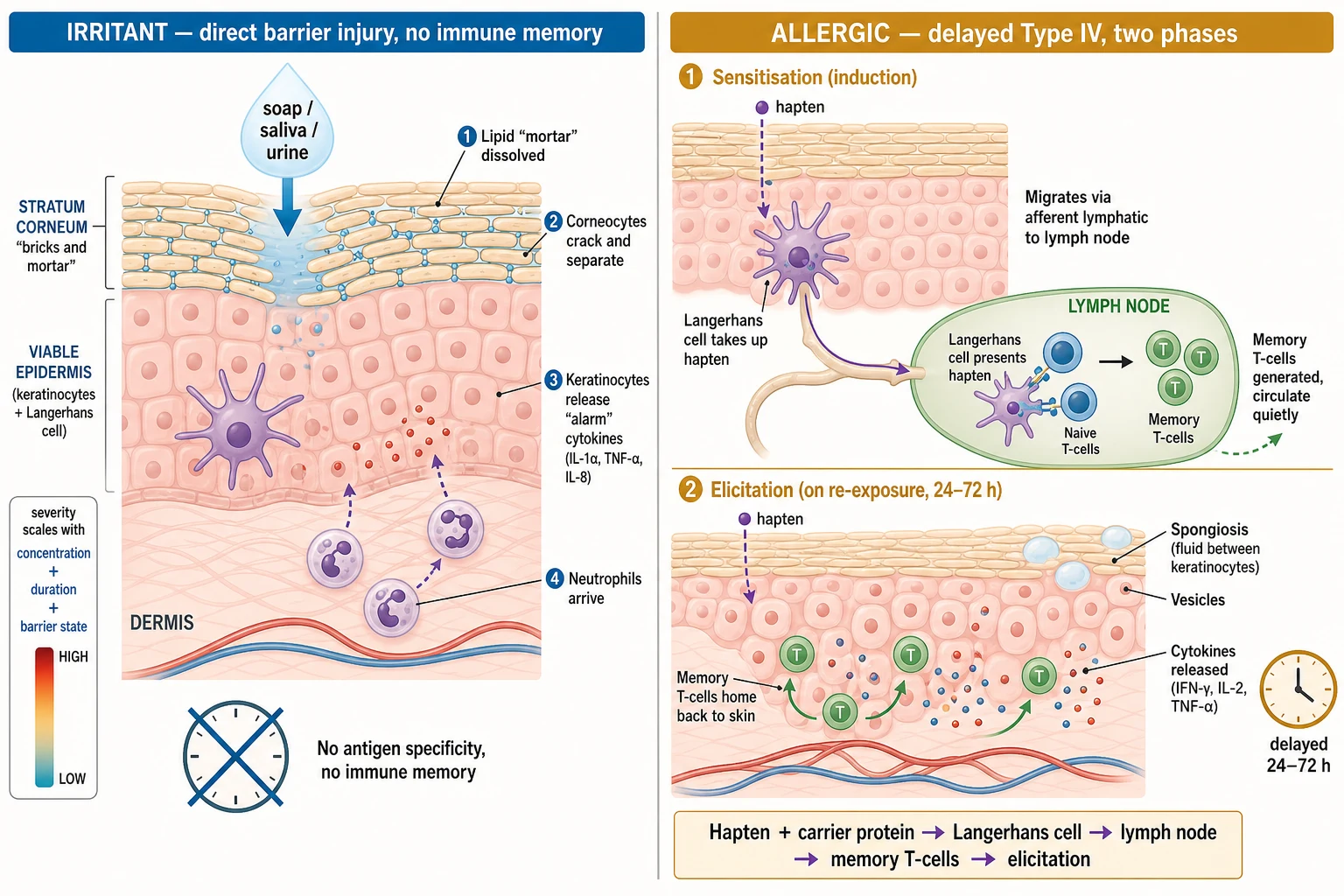 Educational schematic contrasting the two pathophysiological mechanisms of contact dermatitis side by side. Left panel: irritant pathway showing a chemical directly damaging keratinocytes and corneocytes, disrupting the stratum corneum lipid barrier, releasing inflammatory cytokines in a concentration-dependent manner with no immune memory. Right panel: allergic pathway showing the sensitisation phase of hapten uptake by a Langerhans dendritic cell, migration to the draining lymph node, presentation to naive T-cells and generation of memory T-cells, followed by the elicitation phase on re-exposure with memory T-cell homing to skin and eczematous inflammation