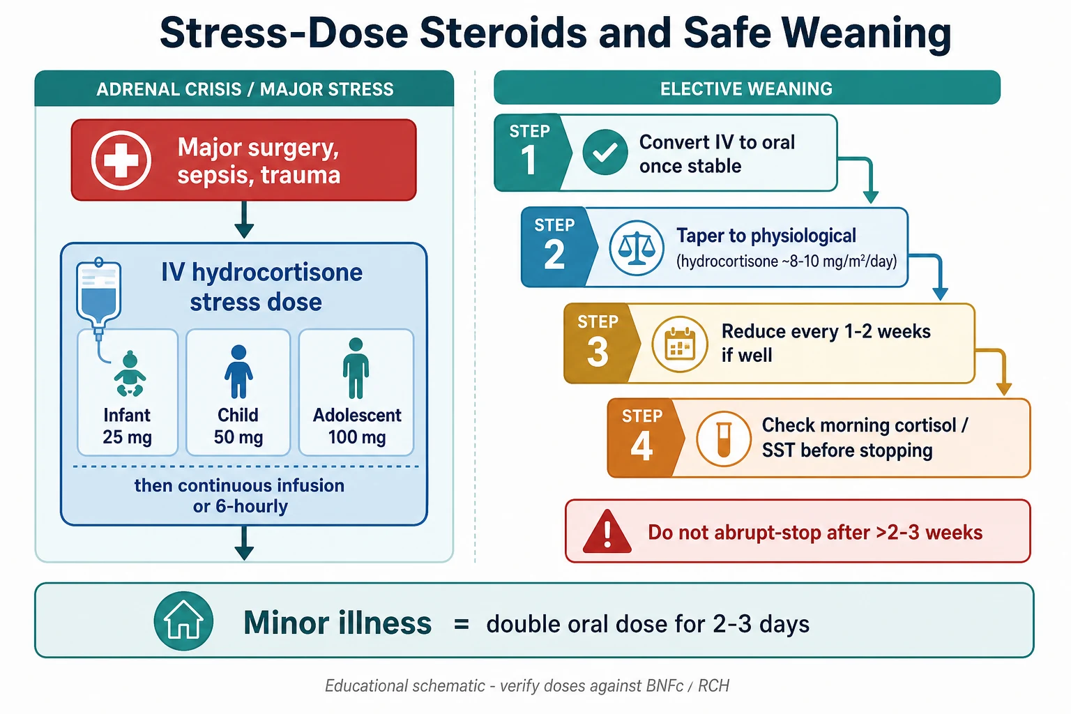 Educational flowchart of stress-dose steroids and safe weaning: left side shows an adrenal crisis ladder from major stress to age-banded intravenous hydrocortisone (infant 25 mg, child 50 mg, adolescent 100 mg) then infusion; right side shows an elective weaning staircase converting to oral, tapering to physiological, reducing weekly, and testing the axis before stopping