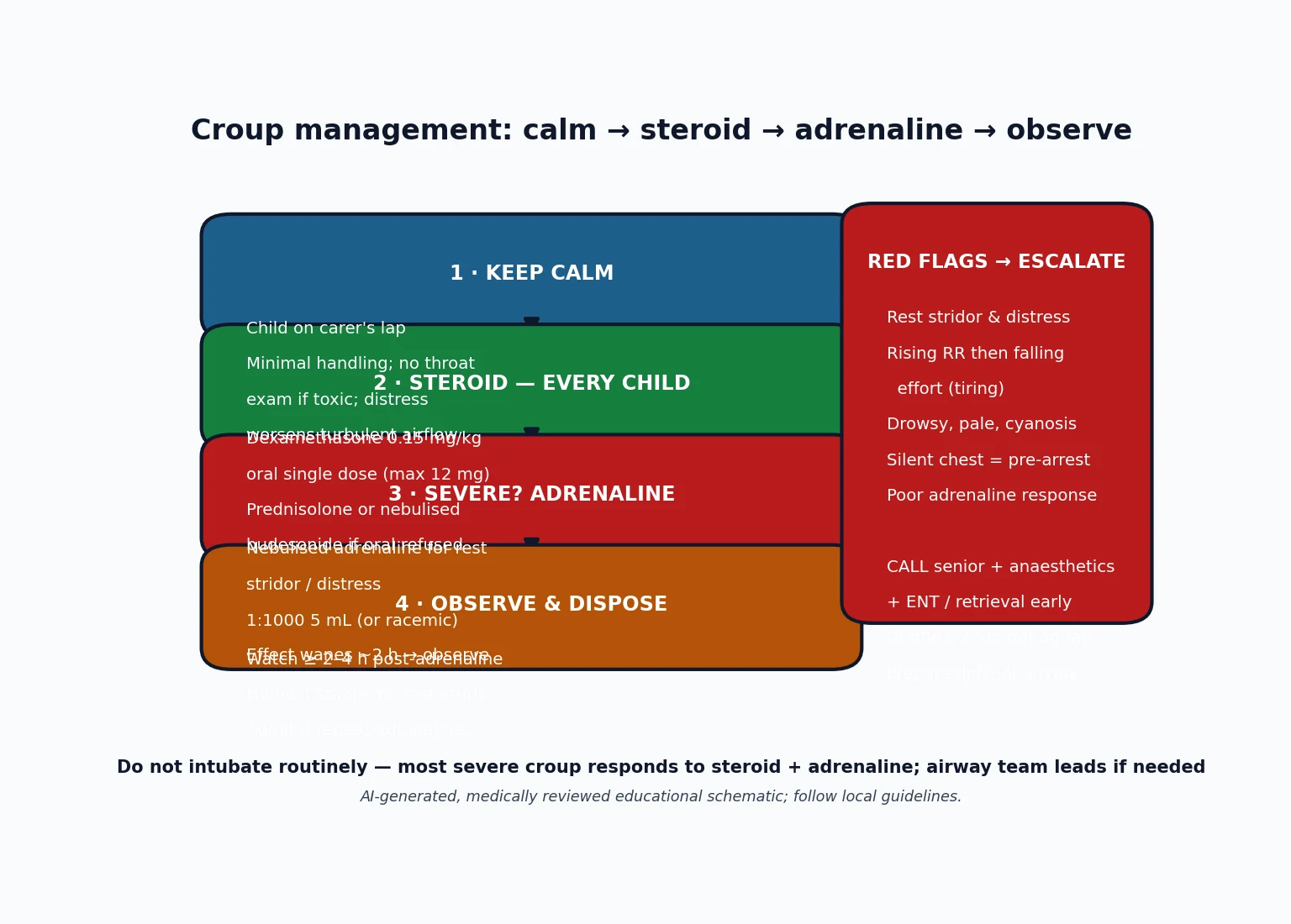 Educational management algorithm for croup from calm handling through universal corticosteroid, nebulised adrenaline for stridor at rest, and observation and disposition, with a red-flag escalation panel
