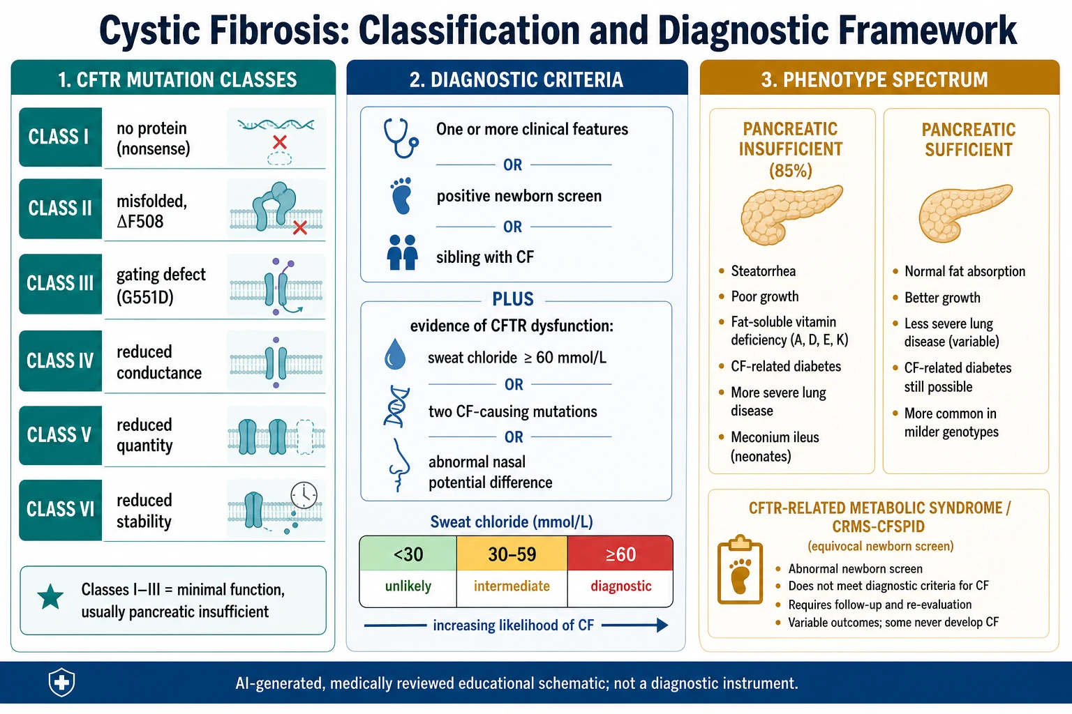 Educational schematic classifying cystic fibrosis by the six CFTR mutation classes from no protein through gating and conductance defects, alongside the diagnostic criteria combining a clinical feature or positive newborn screen or affected sibling with evidence of CFTR dysfunction, a sweat chloride scale, and the pancreatic insufficient versus sufficient phenotype spectrum including CRMS and CFSPID