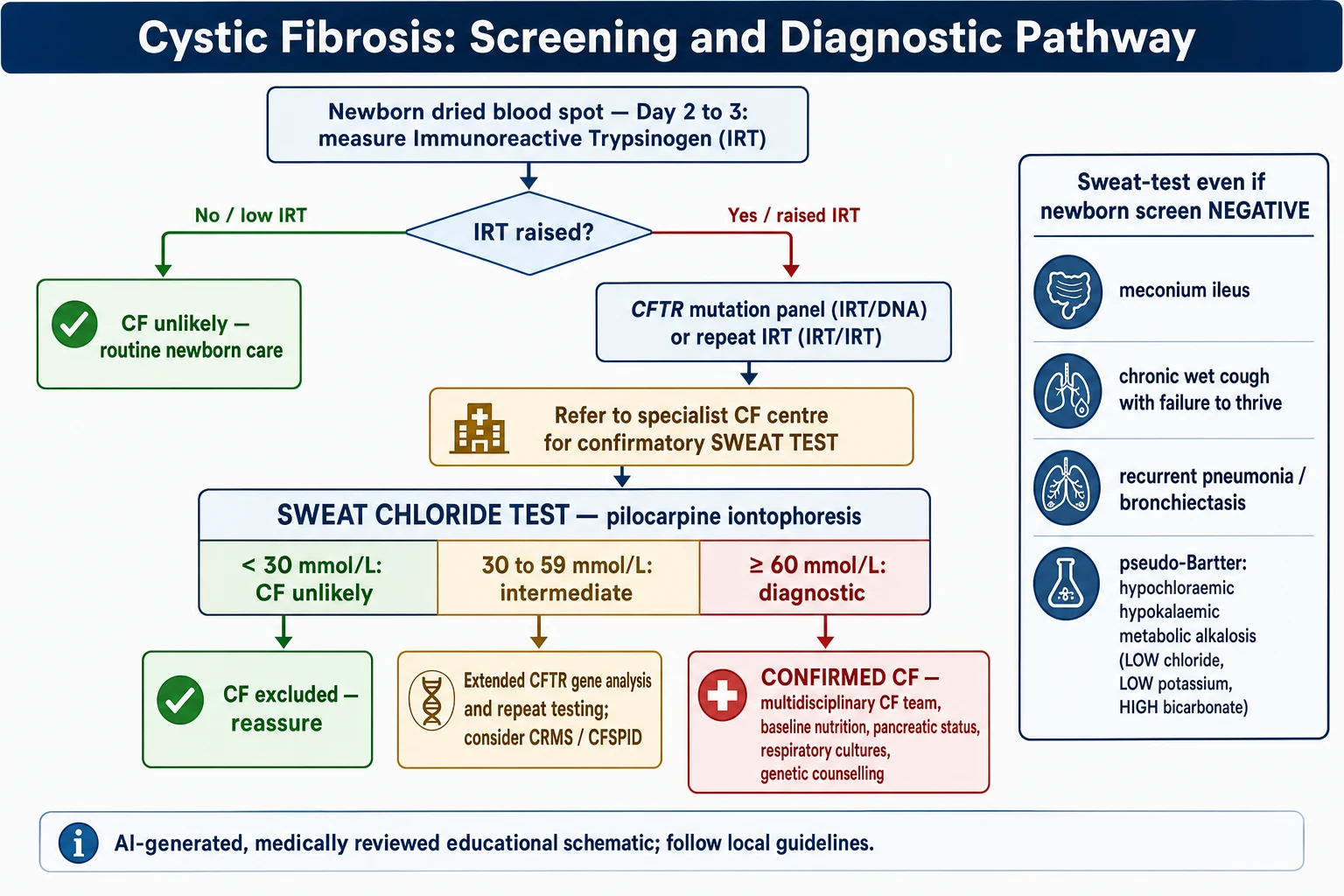 Educational algorithm for cystic fibrosis screening and diagnosis beginning with newborn bloodspot immunoreactive trypsinogen, proceeding through CFTR mutation panels for raised results, to a confirmatory pilocarpine sweat chloride test with green under thirty, amber thirty to fifty-nine and red at or above sixty thresholds, ending in referral to a multidisciplinary CF centre, with a side panel listing clinical triggers for a sweat test even when the newborn screen is negative
