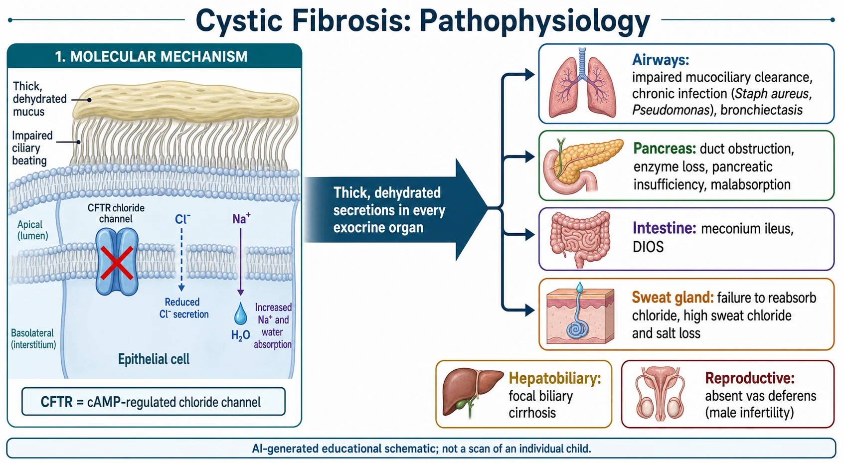 Educational mechanism schematic of cystic fibrosis showing a defective CFTR chloride channel at the epithelial membrane reducing chloride secretion and increasing sodium and water absorption to produce thick dehydrated secretions, branching to airways with impaired mucociliary clearance and chronic infection, pancreas with duct obstruction and insufficiency, intestine with meconium ileus, and sweat gland failing to reabsorb chloride causing high sweat chloride