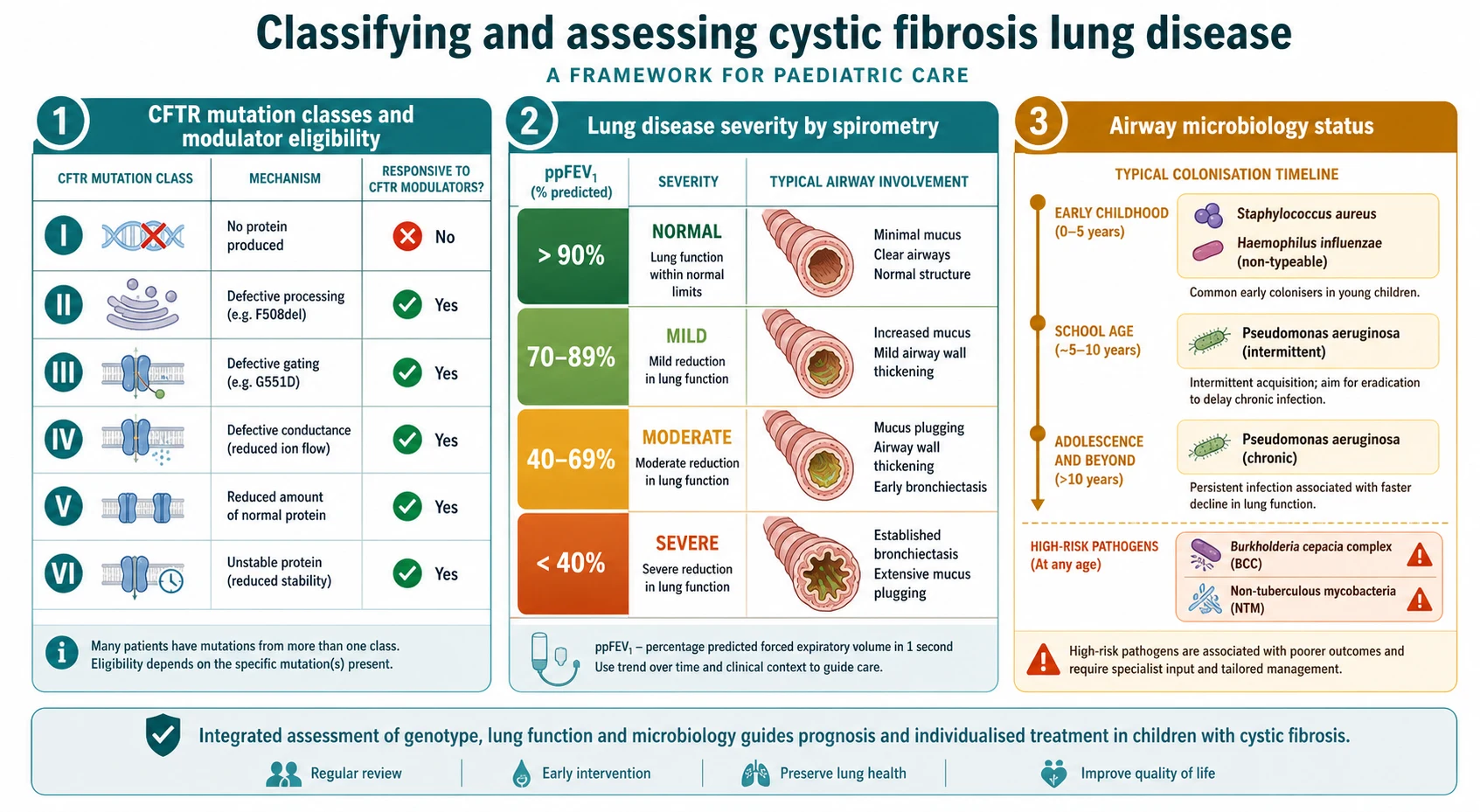 Educational schematic classifying cystic fibrosis by CFTR mutation class I to VI with modulator eligibility, by spirometric lung disease severity from normal through mild, moderate and severe with matching airway involvement, and by airway microbiology status from early Staphylococcus and Haemophilus to intermittent then chronic Pseudomonas plus high-risk Burkholderia and non-tuberculous mycobacteria