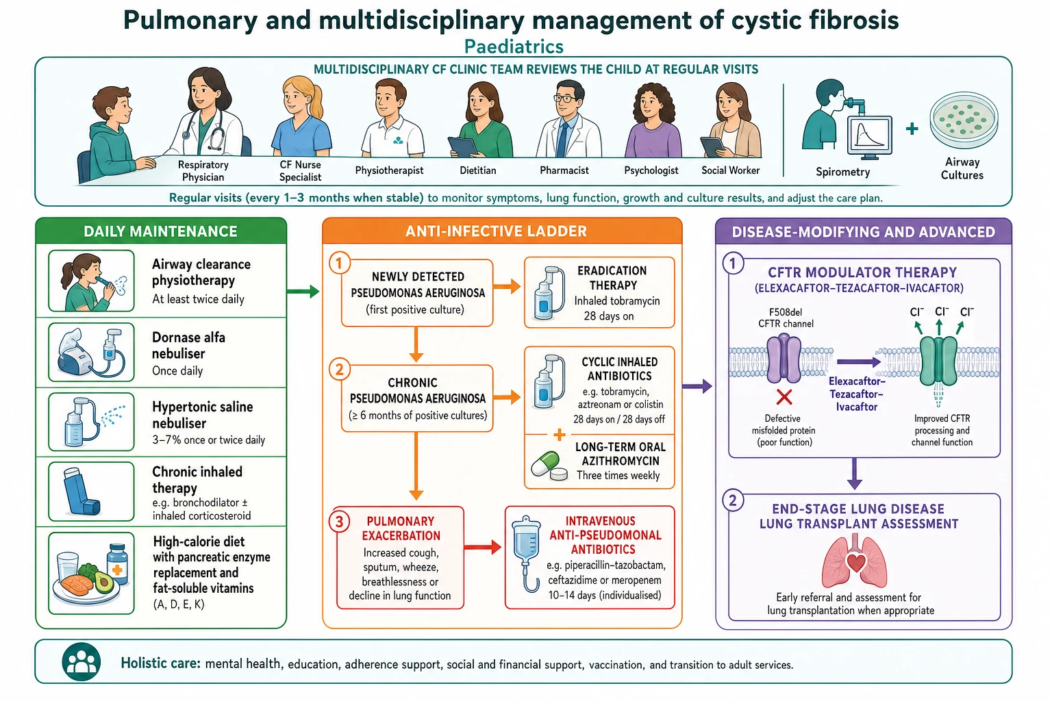 Educational management algorithm for cystic fibrosis lung disease showing daily maintenance with airway clearance physiotherapy, dornase alfa and hypertonic saline nebulisers and nutrition with pancreatic enzymes, a central anti-infective ladder from Pseudomonas eradication through cycled inhaled antibiotics and chronic azithromycin to intravenous antibiotics for exacerbations, and a disease-modifying column with CFTR modulator therapy and lung transplant assessment, all overseen by a multidisciplinary clinic team