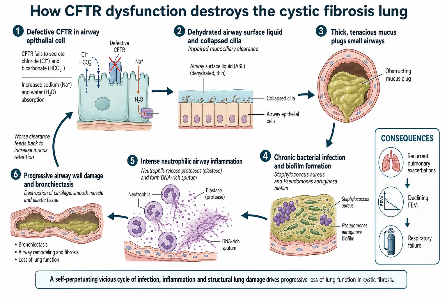 Educational mechanism schematic showing the cystic fibrosis vicious cycle: defective CFTR failing to secrete chloride and bicarbonate, dehydrated airway surface liquid and impaired mucociliary clearance, thick mucus plugging, chronic Staphylococcus and Pseudomonas infection with biofilm, neutrophilic inflammation with elastase and DNA-rich sputum, and progressive bronchiectasis feeding back into worse clearance