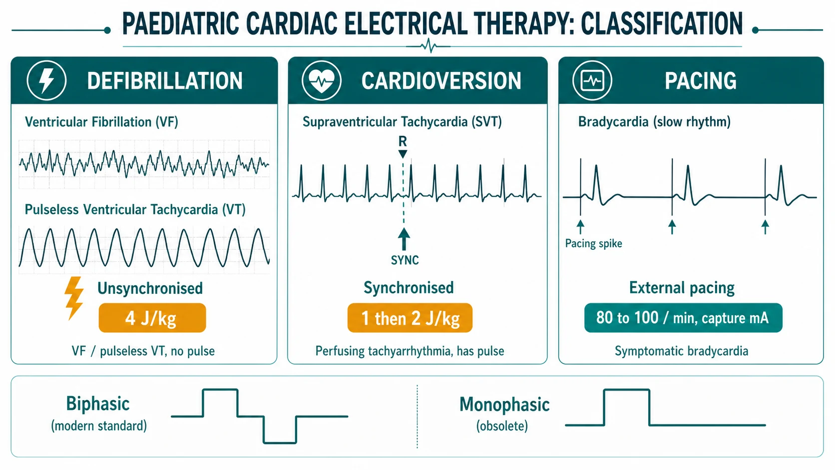 Educational schematic classifying paediatric cardiac electrical therapy by rhythm and mode: unsynchronised defibrillation 4 J per kg for ventricular fibrillation and pulseless ventricular tachycardia; synchronised cardioversion 1 to 2 J per kg for supraventricular tachycardia, atrial flutter and stable ventricular tachycardia with a pulse; transcutaneous pacing for symptomatic bradycardia; with biphasic and monophasic waveforms and pad placements
