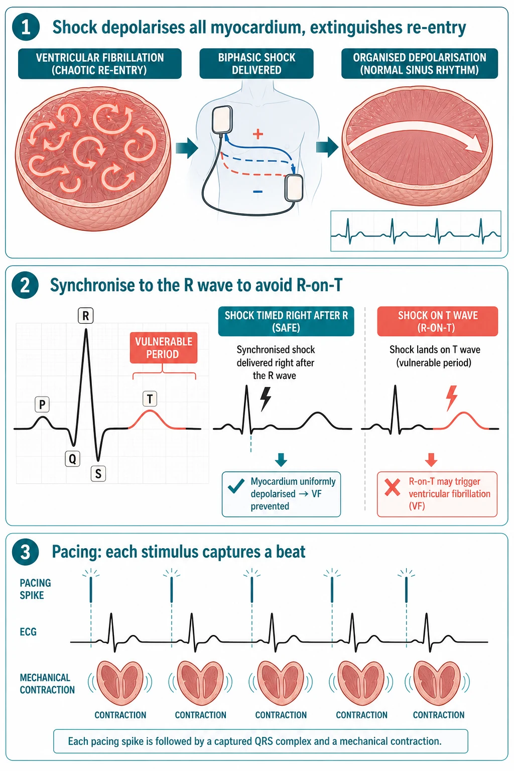 Educational cross-section showing the re-entry wavelets of ventricular fibrillation extinguished by a depolarising biphasic shock across the chest, transthoracic impedance, the R-wave-synchronised timing that prevents an R-on-T shock in cardioversion, and external pacing stimuli capturing a bradycardic myocardium