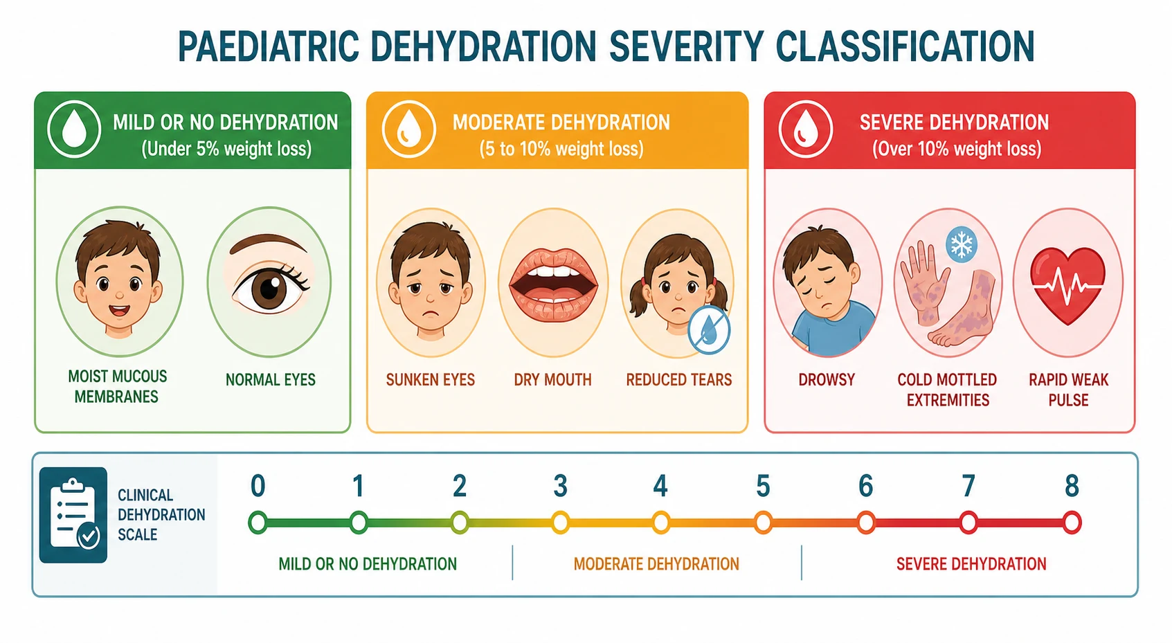 A paediatric dehydration severity classification in three colour-graded columns from green through amber to red: a green mild column for under 5 percent weight loss with moist mucous membranes and normal eyes, an amber moderate column for 5 to 10 percent weight loss with sunken eyes and a dry tongue and reduced tears, and a red severe column for over 10 percent weight loss with a drowsy child, cold mottled peripheries, and a rapid weak pulse, with a thin clinical dehydration scale strip beneath scored zero to eight.
