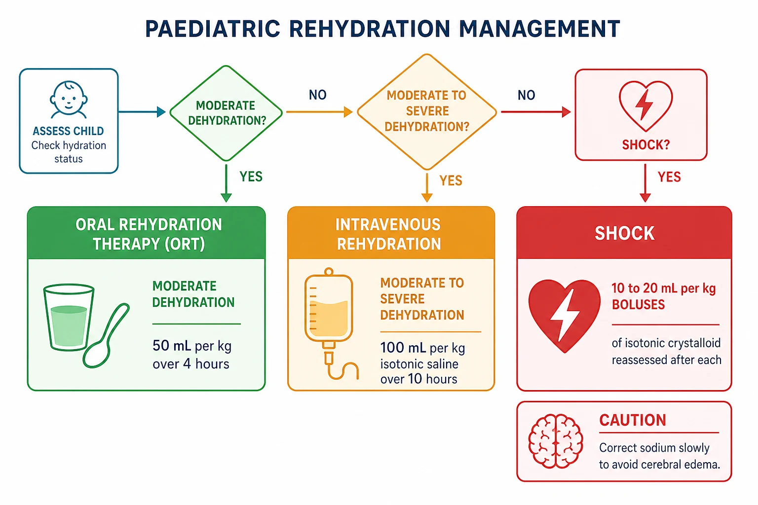 A paediatric rehydration management flowchart colour-graded green to amber to red: a green oral rehydration therapy box with a cup-and-spoon icon for moderate dehydration at 50 mL per kg over 4 hours, an amber intravenous box with a fluid bag and drip icon for moderate to severe dehydration at 100 mL per kg isotonic saline over 10 hours, a red shock box with a heart and bolt icon for 10 to 20 mL per kg boluses reassessed after each, decision diamonds between oral and intravenous routes, and a caution panel with a brain icon warning to correct sodium slowly.