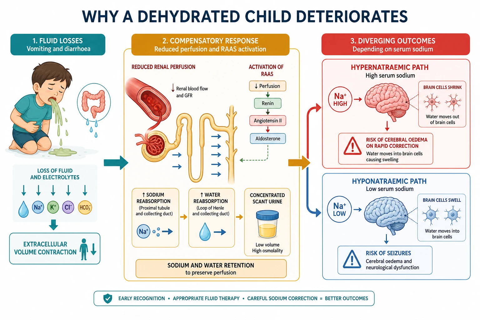 The mechanism of paediatric dehydration in three connected panels: a left panel showing a child losing fluid through vomiting and diarrhoea with extracellular volume contraction, a central panel showing a kidney tubule and blood vessel with reduced perfusion, renin and aldosterone activation, and concentrated scant urine, and a right panel splitting into a hypernatraemic path with a high sodium symbol and shrinking brain cells at risk of cerebral oedema on rapid correction and a hyponatraemic path with a low sodium symbol and seizure risk.