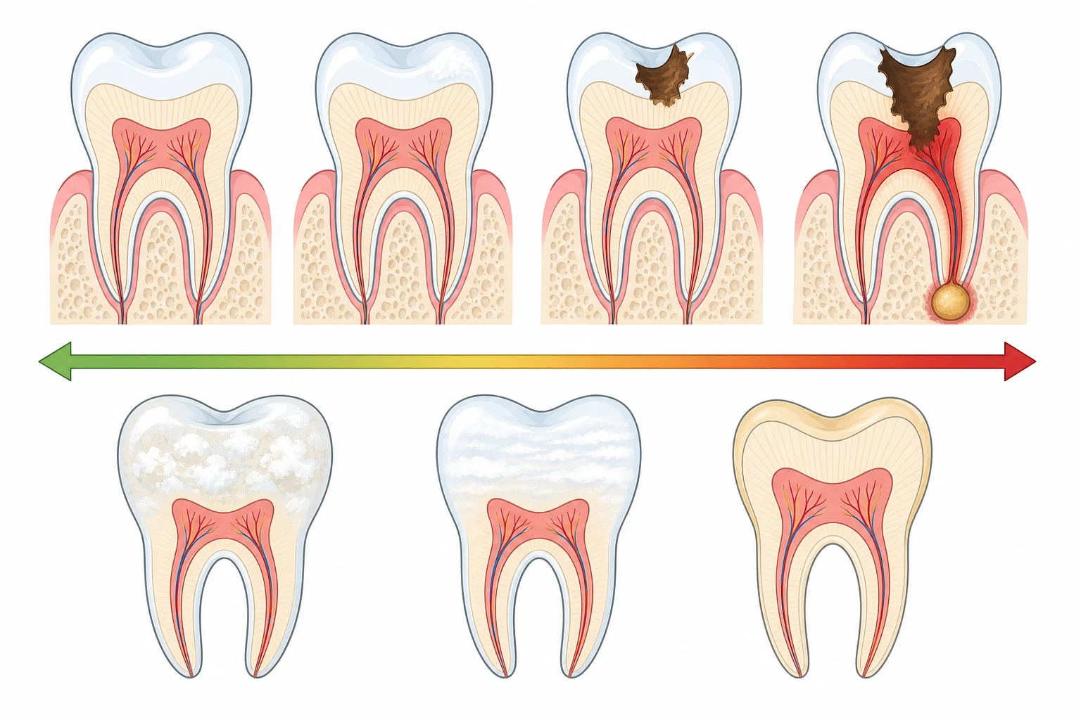 Schematic comparing healthy versus carious and developmentally defective primary teeth across two rows: top row shows four tooth cross-sections of increasing caries severity from a healthy tooth through a white-spot lesion, a brown cavitated dentine lesion, and a deep cavity reaching the pulp with a root-tip abscess, on a scale from reversible to advanced; bottom row shows three developmental enamel defects as distinct tooth icons, a chalky mottled molar for molar-incisor hypomineralisation, a mottled fluorosis tooth, and a thin amelogenesis imperfecta tooth.
