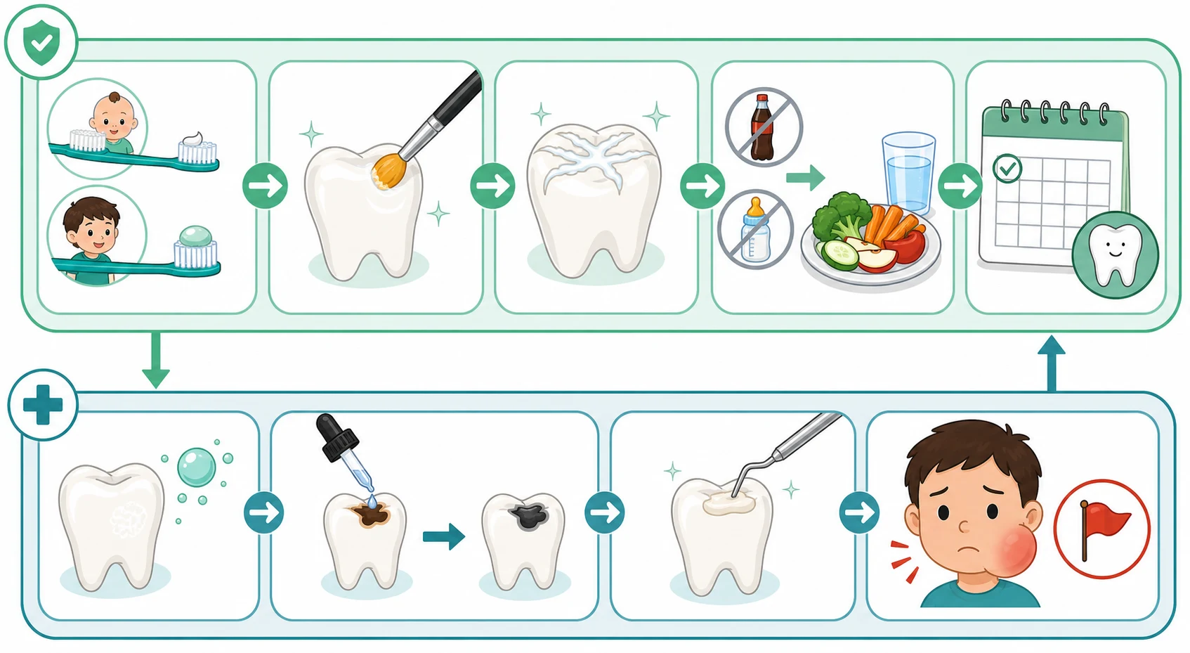 Schematic stepwise pathway in two parallel lanes: the top prevention lane flows through a toothbrush with a rice-grain smear and a pea-sized amount of toothpaste, a fluoride varnish brush coating a tooth, a molar with fissure sealant, a healthy plate and water glass replacing a sugary bottle, and a check-up calendar; the bottom management lane flows through a white-spot lesion remineralised by fluoride, silver diamine fluoride darkening a cavity, a dentist placing a tooth-coloured restoration, and a red-flag swollen cheek indicating urgent referral, with arrows linking the lanes into a cycle.