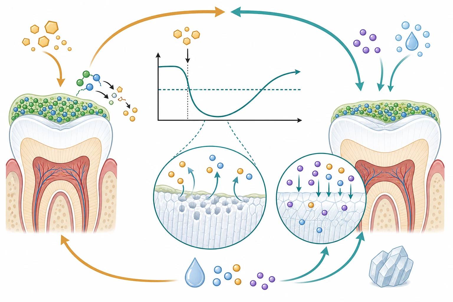 Schematic of the demineralisation-remineralisation cycle: on the left a tooth cross-section with a plaque biofilm of round Streptococcus mutans bacteria breaking down sugar; in the centre a Stephan-curve graph line dropping below a dashed threshold at pH 5.5 after sugar with enamel mineral dissolving; on the right purple fluoride ions driving calcium and phosphate back into a hard fluorapatite crystal, with arrows forming a circular loop from sugar to acid to demineralisation and back through fluoride to remineralisation.