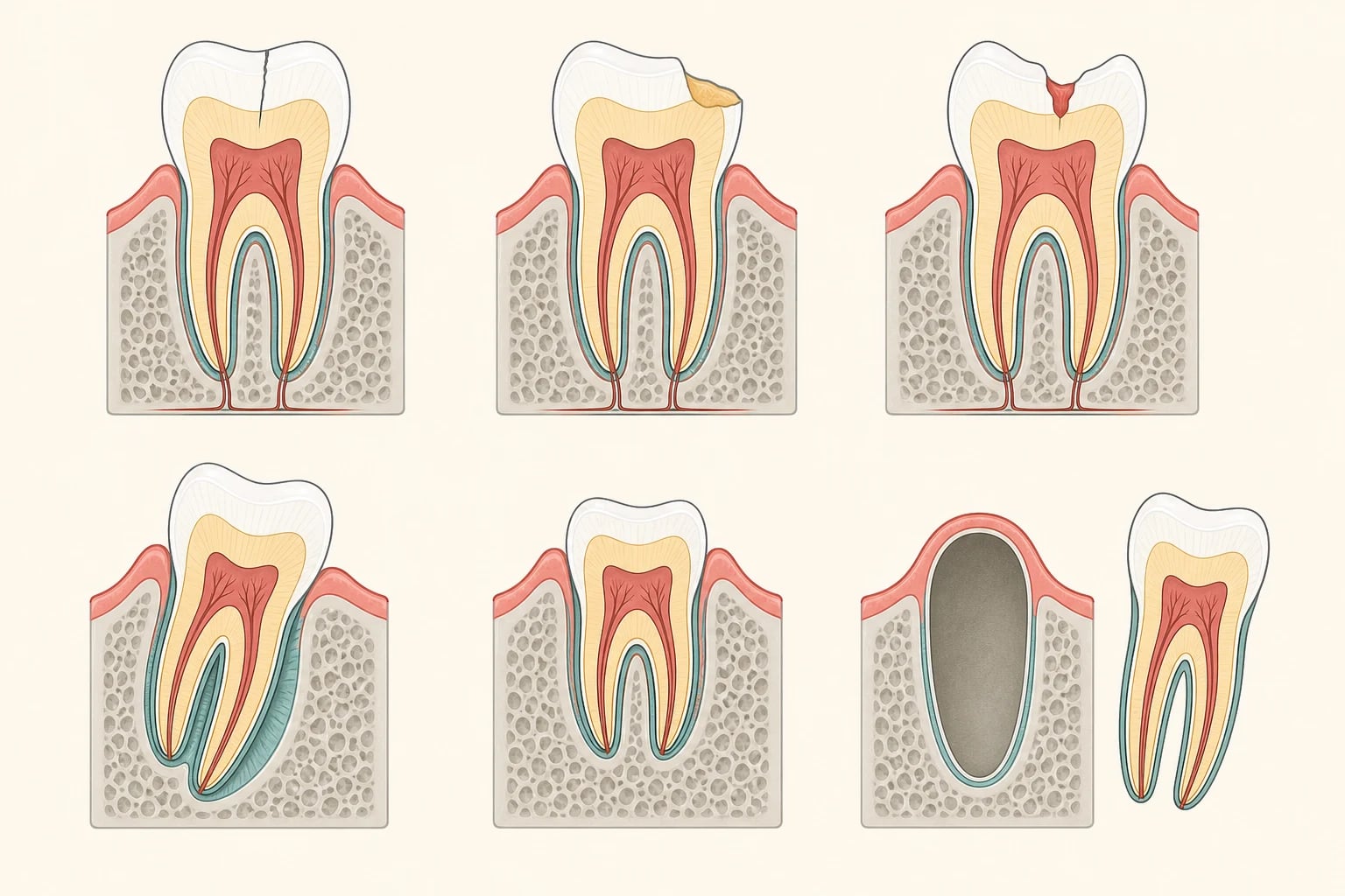Schematic of the Andreasen classification shown as a single tooth rendered six ways in two rows. Top row, hard-tissue injuries left to right: a tooth with a faint vertical crack labelled infraction, a tooth with a clean chip of the crown edge (uncomplicated crown fracture), and a tooth with a deeper fracture exposing a red pulp core (complicated crown fracture). Bottom row, periodontal-tissue injuries left to right: a tooth tilted sideways in its socket (lateral luxation), a tooth driven up into the jaw bone (intrusive luxation), and an empty socket with the tooth sitting beside it (avulsion). Muted teal and coral palette, schematic cross-section style, no text.