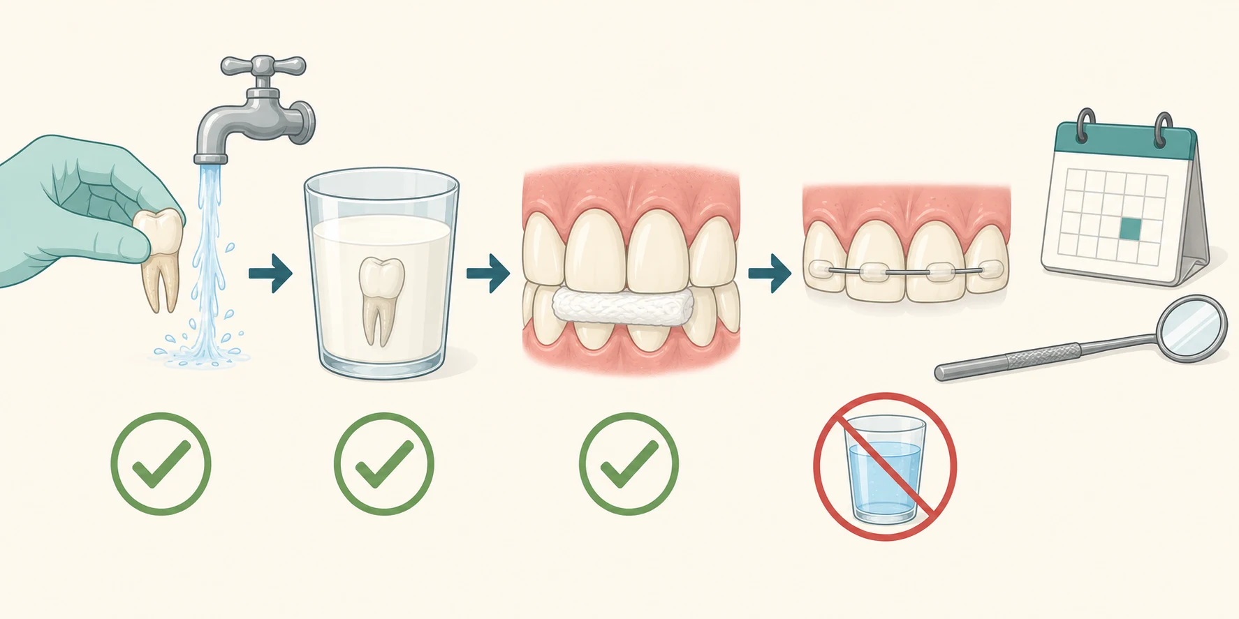 Schematic of the avulsed-tooth pathway drawn left to right. Left: a knocked-out permanent tooth held by its crown beside a tap, then an arrow to the tooth stored in a glass of cold milk. Centre: the tooth replanted into its socket with a child biting on a small white gauze pad. Right: a flexible wire-and-composite splint bridging the replanted tooth to its neighbours, then a calendar page and a follow-up dental tooth icon. A green checkmark marks the first three steps (find, rinse, replant or milk) and a red cross marks a water glass. Muted teal, coral, cream and grey palette, flat instructional schematic, no text labels.