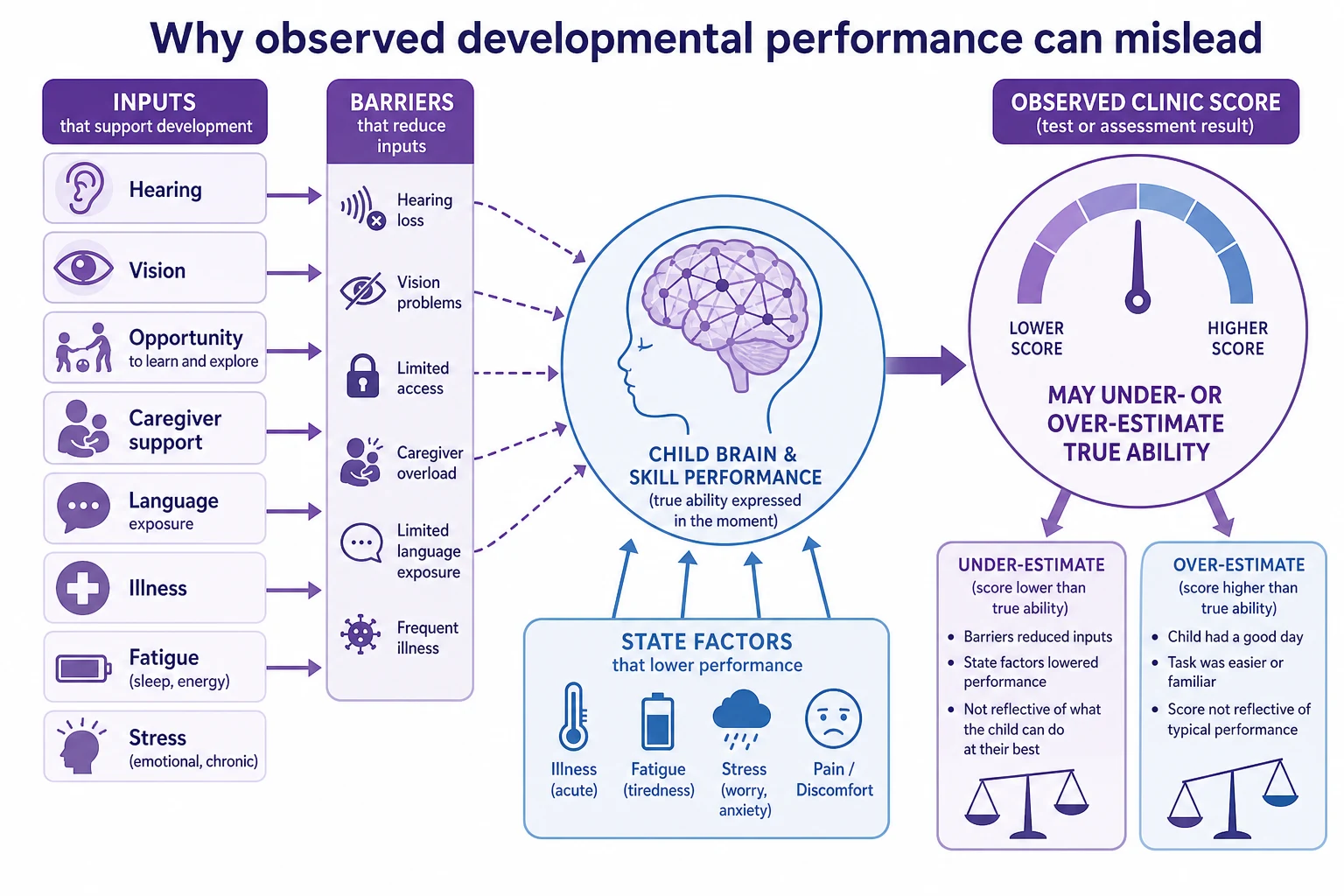 Mechanism map showing hearing vision opportunity and state factors feeding into observed developmental performance in clinic