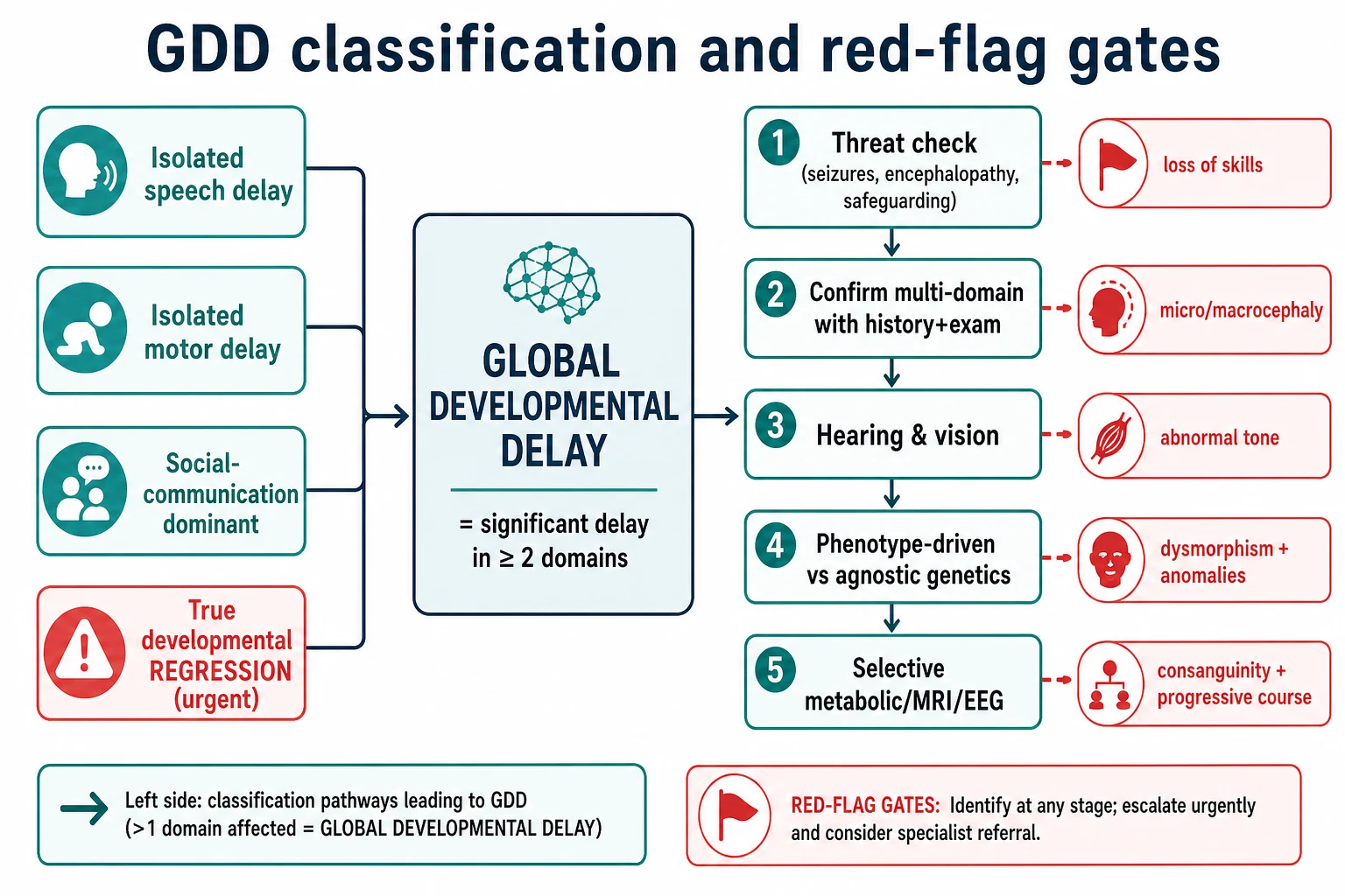 Classification flowchart separating isolated domain delays and regression from global developmental delay, with threat gates and investigation branches