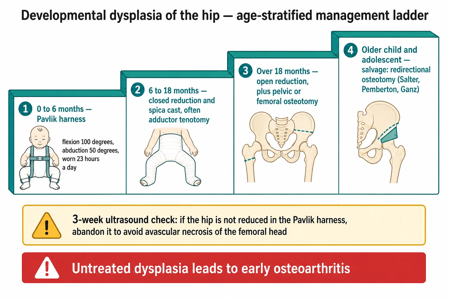 Horizontal staircase of four ascending teal steps. Step one 0 to 6 months reads Pavlik harness with a callout flexion 100 degrees abduction 50 degrees worn 23 hours a day. Step two 6 to 18 months reads closed reduction and spica cast often adductor tenotomy. Step three over 18 months reads open reduction plus pelvic or femoral osteotomy. Step four older child and adolescent reads salvage redirectional osteotomy Salter Pemberton Ganz. Below the staircase a yellow callout reads 3-week ultrasound check if the hip is not reduced in the Pavlik harness abandon it to avoid avascular necrosis of the femoral head. A red banner reads untreated dysplasia leads to early osteoarthritis.