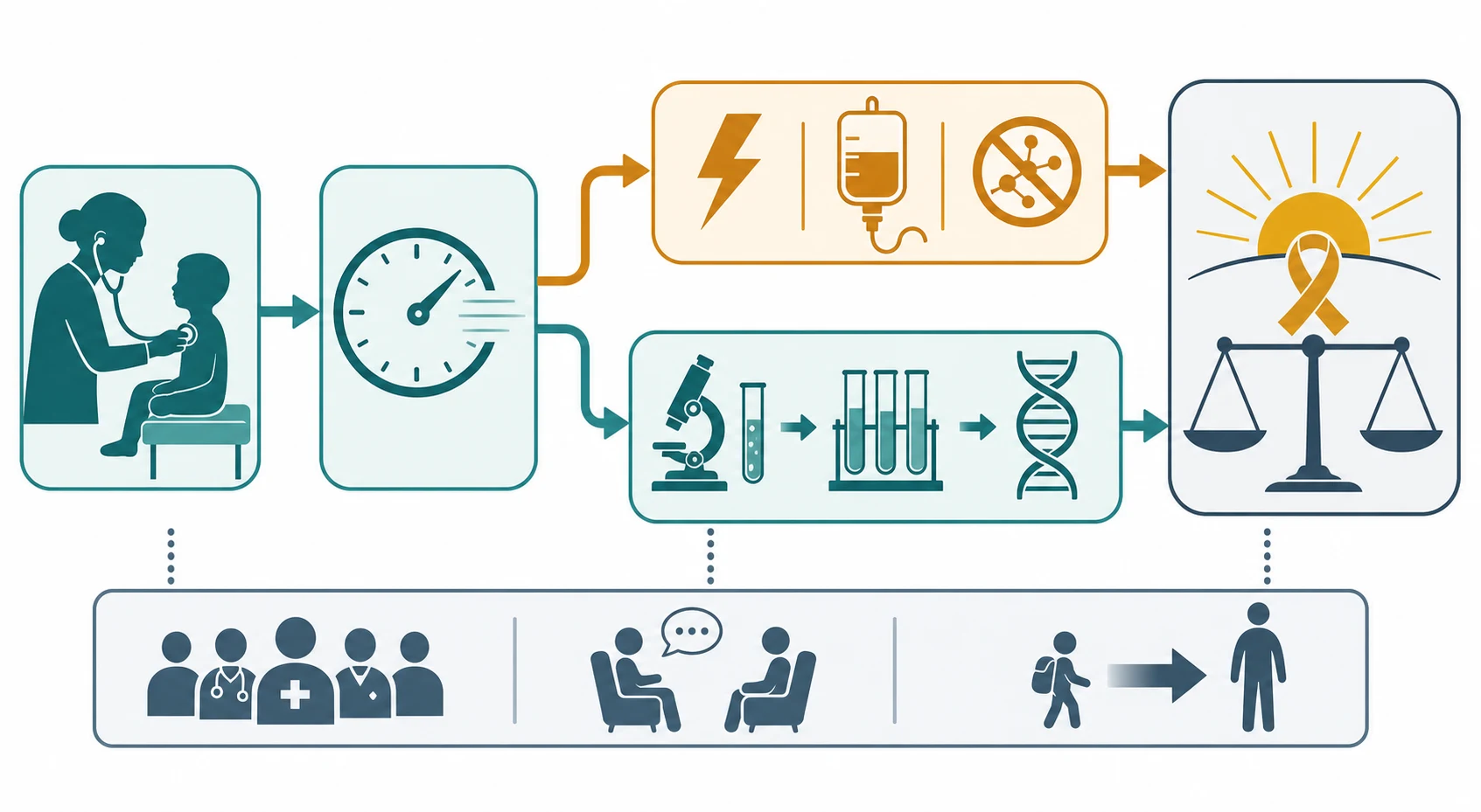 Stepwise management algorithm from recognising regression through an urgency assessment that splits into an emergency track (metabolic protocol and status epilepticus) and a deliberate track (tiered workup to genomic sequencing), converging on the governing principle of excluding a treatable cause before any degenerative label, with a multidisciplinary support band along the bottom