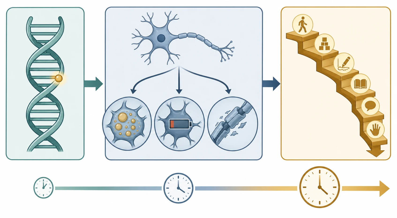 Left-to-right cascade from a DNA variant through three neuronal-consequence vignettes - storage engorgement of a neuron, energy failure with a dimming power symbol, and demyelination with a fraying myelin sheath - ending in a descending milestone staircase that represents loss of acquired skills, with a tempo timeline of acute, subacute, and insidious clocks along the bottom