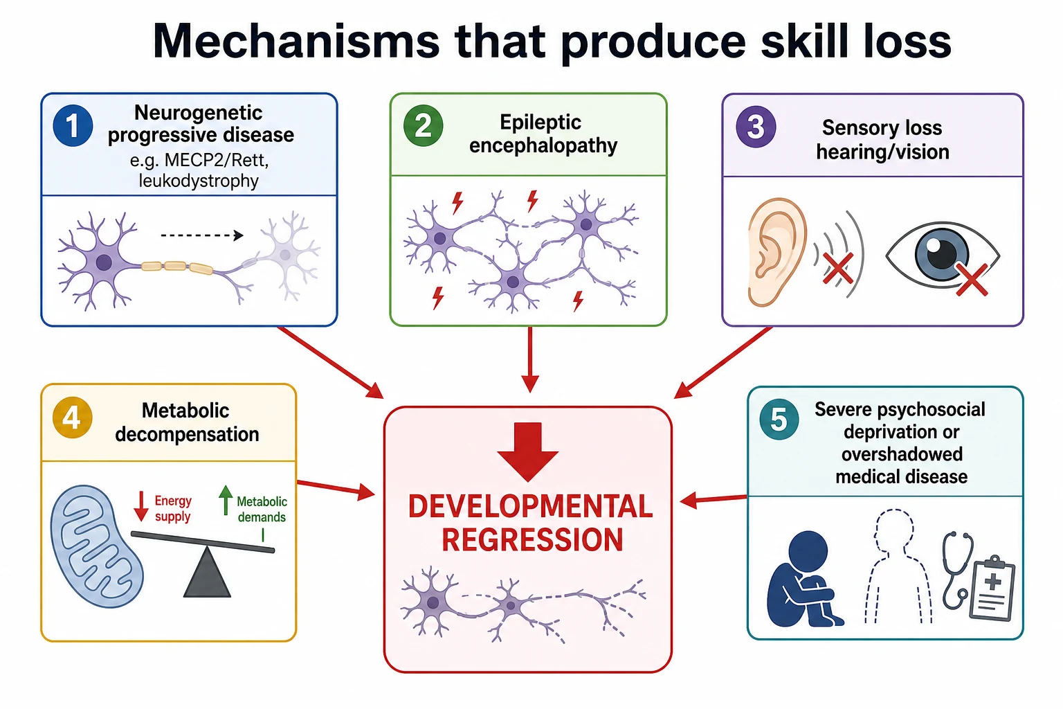 Mechanism map showing neurogenetic, epileptic, sensory, metabolic and psychosocial pathways converging on developmental skill loss