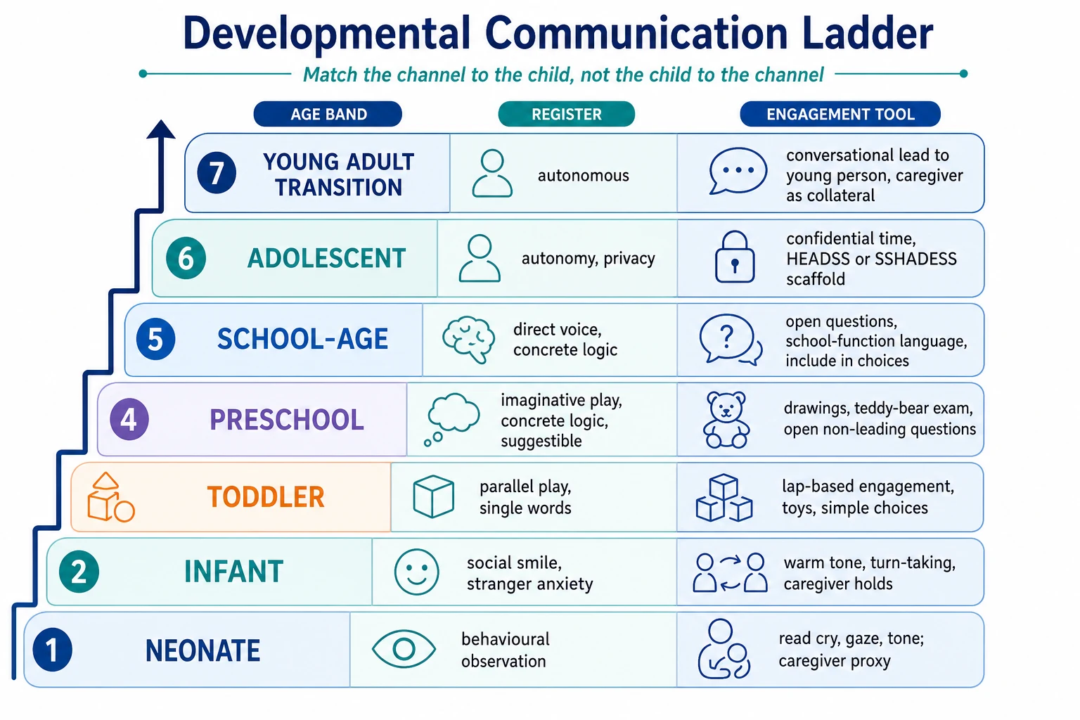 Educational developmental communication capacity ladder from neonate through young-adult transition, showing register, engagement tool and channel for each stage