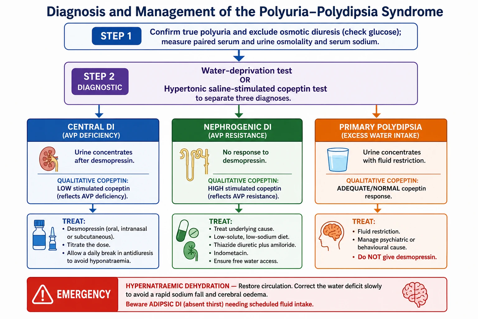 Management algorithm for the polyuria-polydipsia syndrome. Step 1: confirm true polyuria and exclude osmotic diuresis by checking glucose; measure paired serum and urine osmolality and serum sodium. Step 2: water-deprivation test or hypertonic saline-stimulated copeptin test to separate three diagnoses. Central DI (urine concentrates after desmopressin, low stimulated copeptin) is treated with desmopressin titrated to allow a daily break in antidiuresis to avoid hyponatraemia. Nephrogenic DI (no response to desmopressin, high copeptin) is treated by removing the cause, a low-solute low-sodium diet, a thiazide diuretic plus amiloride, indometacin, and free water access. Primary polydipsia (urine concentrates with fluid restriction, adequate copeptin response) is treated with fluid restriction and management of the psychiatric or behavioural cause, and desmopressin is avoided. A red emergency banner covers hypernatraemic dehydration: restore circulation, correct the water deficit slowly to avoid a rapid sodium fall and cerebral oedema, and beware adipsic diabetes insipidus needing scheduled fluid intake.