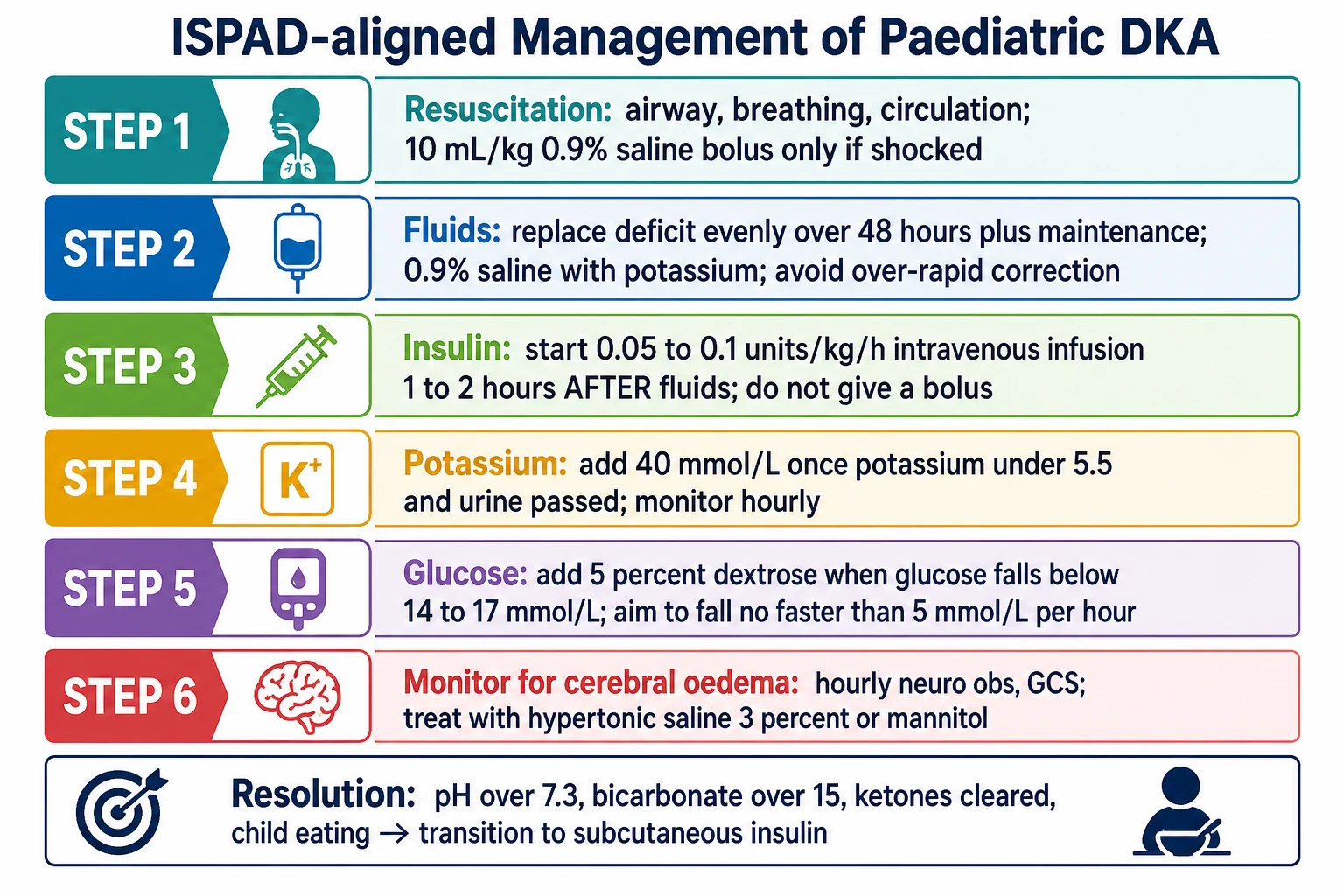 A six-step colour-coded management ladder for paediatric diabetic ketoacidosis. Step one resuscitation in teal: airway, breathing, circulation, and a 10 millilitre per kilogram isotonic saline bolus only if shocked. Step two fluids in blue: replace the deficit evenly over 48 hours plus maintenance, using isotonic saline with potassium and avoiding over-rapid correction. Step three insulin in green: start 0.05 to 0.1 units per kilogram per hour intravenous infusion one to two hours after fluids, with no bolus. Step four potassium in amber: add 40 millimoles per litre once potassium is under 5.5 and urine is passed, monitoring hourly. Step five glucose in purple: add 5 per cent dextrose when glucose falls below 14 to 17 millimoles per litre and aim for a fall no faster than 5 millimoles per litre per hour. Step six in red: monitor for cerebral oedema with hourly neurological observations and Glasgow Coma Scale, treating with hypertonic 3 per cent saline or mannitol. A footer states the resolution criteria: pH over 7.3, bicarbonate over 15, ketones cleared, child eating, then transition to subcutaneous insulin