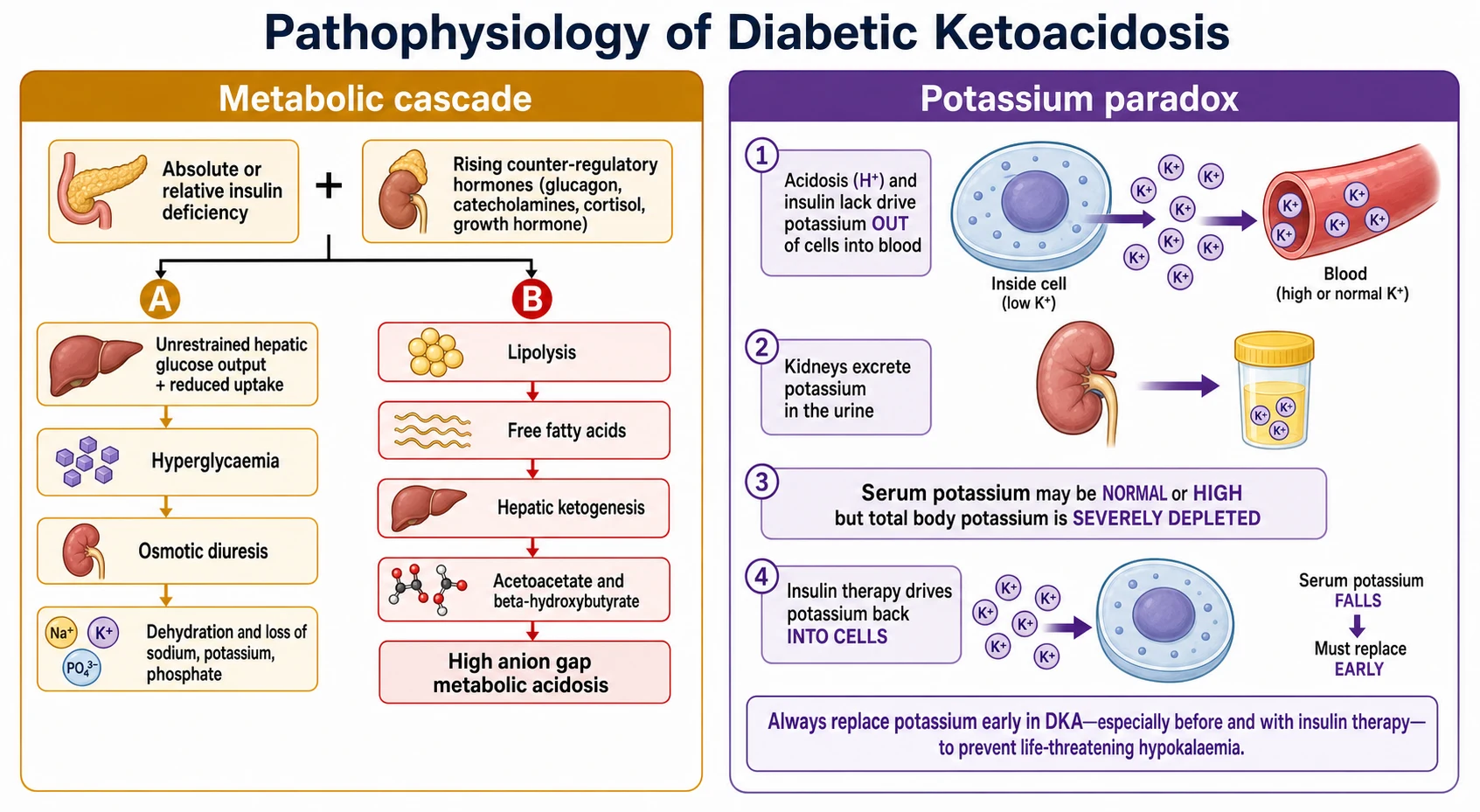 Two-panel mechanism diagram of diabetic ketoacidosis. The left panel shows the metabolic cascade: absolute or relative insulin deficiency plus rising counter-regulatory hormones (glucagon, catecholamines, cortisol, growth hormone) splitting into two branches — an amber branch where unrestrained hepatic glucose output and reduced uptake cause hyperglycaemia, osmotic diuresis, and dehydration with loss of sodium, potassium and phosphate, and a red branch where lipolysis releases free fatty acids that undergo hepatic ketogenesis to acetoacetate and beta-hydroxybutyrate, producing a high anion gap metabolic acidosis. The right panel, in purple, shows the potassium paradox: acidosis and insulin lack drive potassium out of cells into the blood and then it is lost in the urine, so serum potassium may be normal or high while total body potassium is severely depleted, and insulin therapy drives potassium back into cells so serum potassium falls and must be replaced early