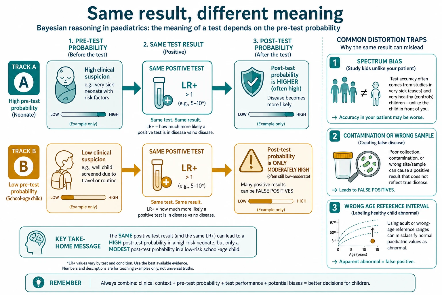 Mechanism diagram comparing the same positive test result at high versus low pre-test probability with spectrum bias contamination and wrong reference interval traps